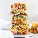 Front view of three fruity pebbles treats stacked on top of each other