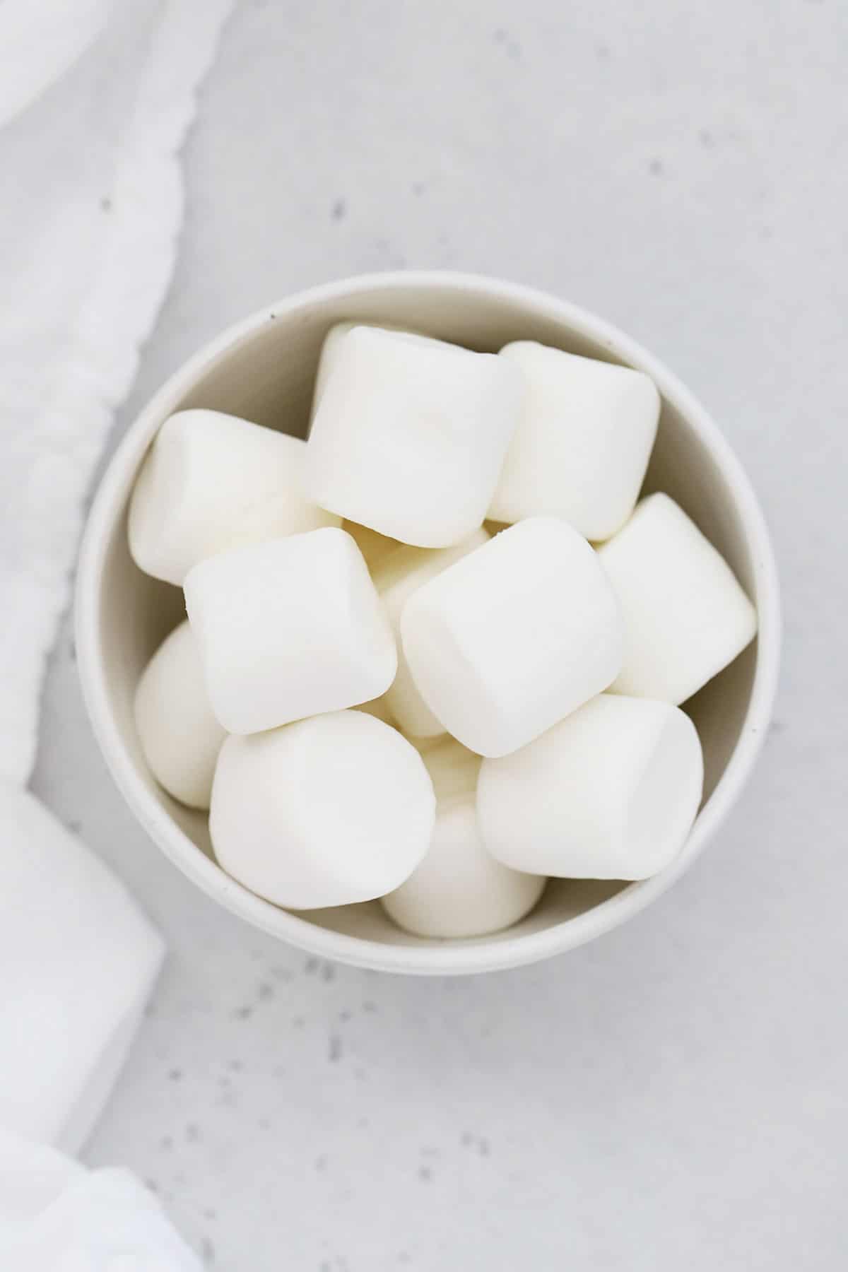 Overhead view of a bowl of gluten-free marshmallows