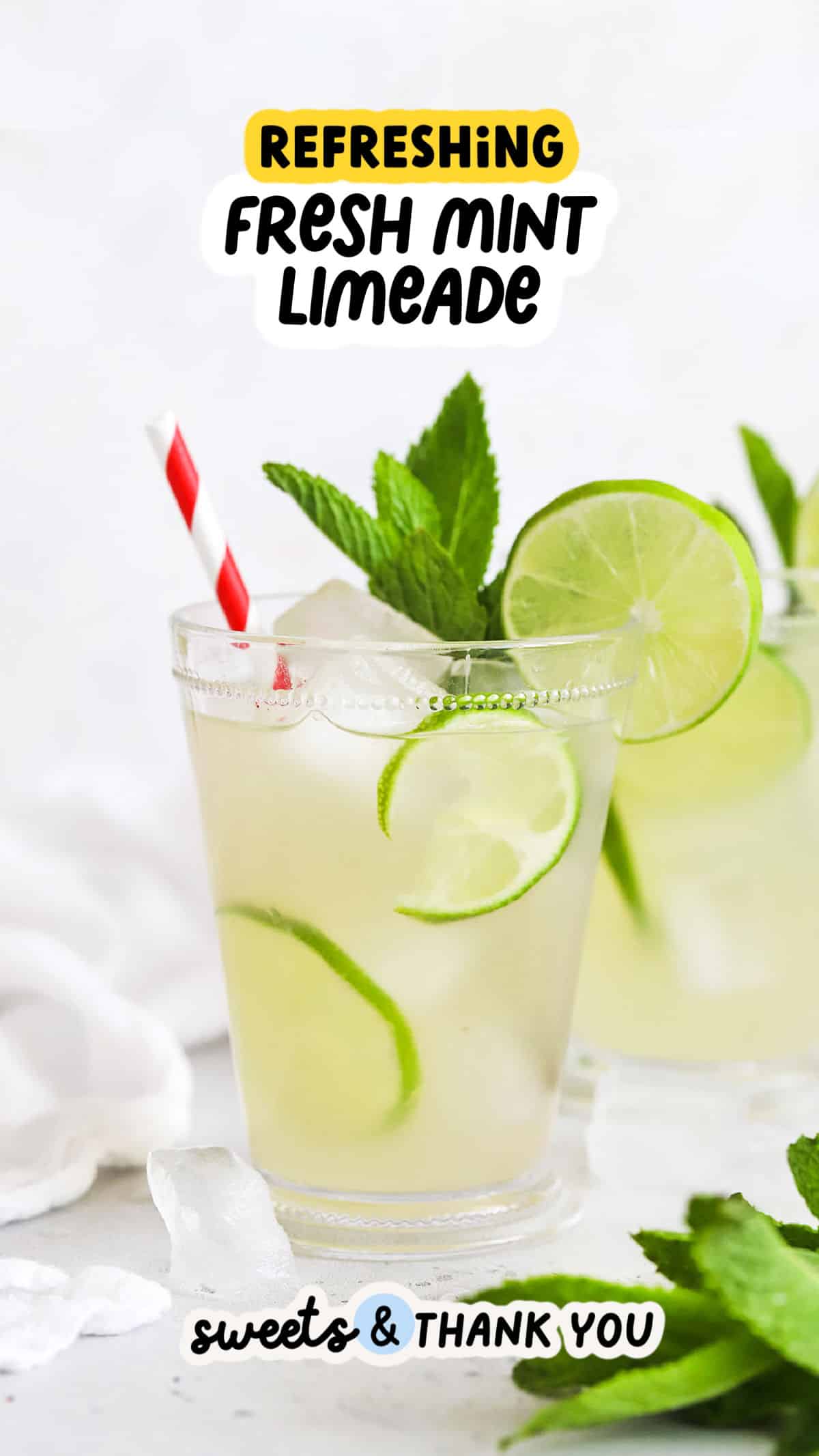 Let's make Mint Limeade AKA Virgin Mojitos! This homemade limeade recipe is kissed with fresh mint & tastes amazing. It's the perfect non-alcoholic drink for a celebration! (like drinking a virgin mojito!)