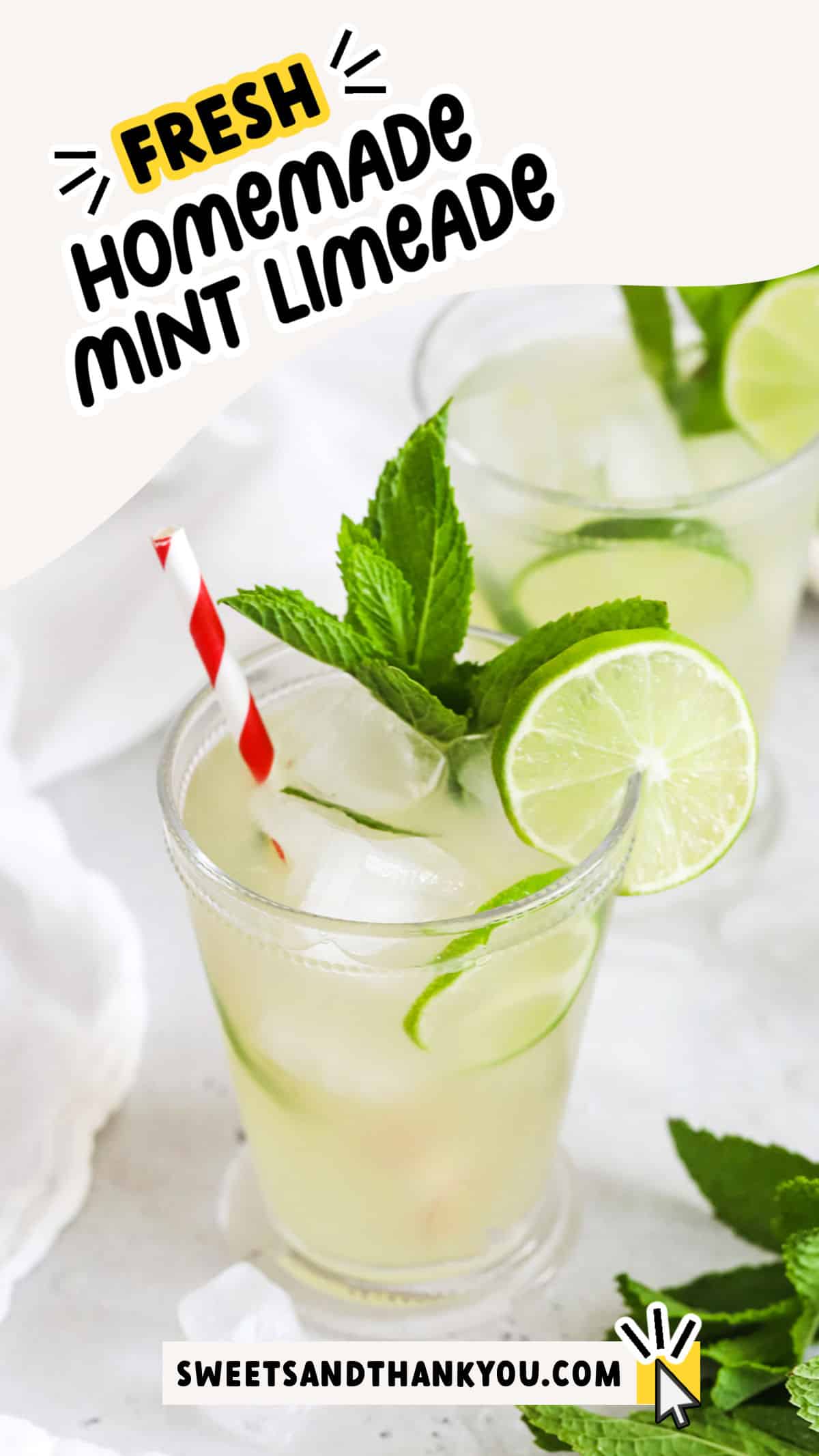 Let's make Mint Limeade AKA Virgin Mojitos! This homemade limeade recipe is kissed with fresh mint & tastes amazing. It's the perfect non-alcoholic drink for a celebration! (like drinking a virgin mojito!)