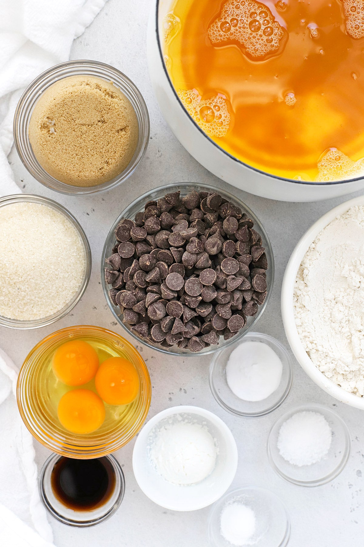 Overhead view of ingredients for gluten-free nutella stuffed chocolate chip cookies