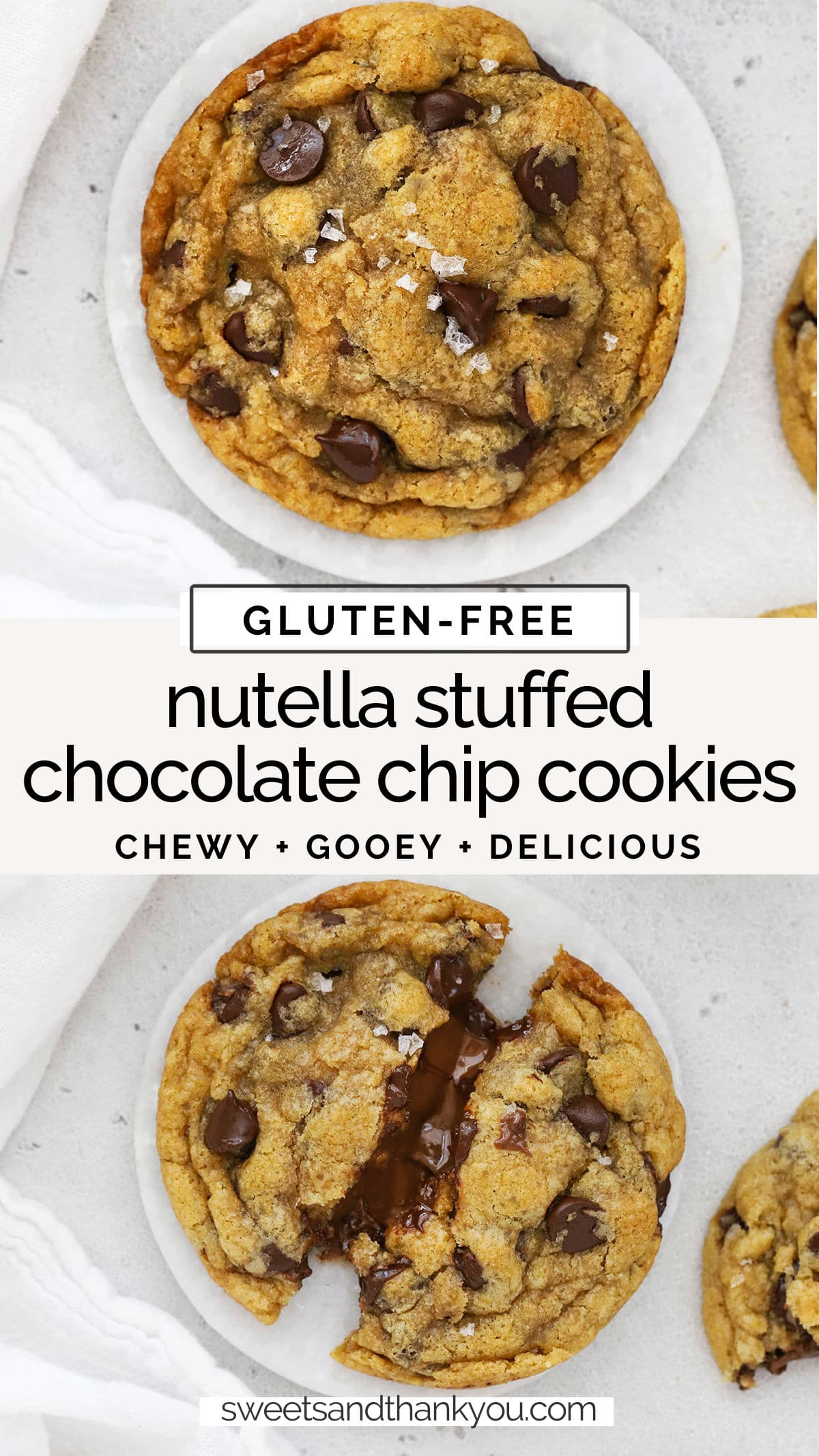 Gluten-Free Nutella-Stuffed Chocolate Chip Cookies. Chewy gluten-free brown butter chocolate chip cookies stuffed with Nutella make for one show-stopping dessert! / gluten-free nutella cookies / nutella-stuffed cookies / gluten-free chocolate chip cookies / gluten-free brown butter chocolate chip cookie recipe / nutella recipes / nutella cookie recipe / gluten-free cookies / gluten-free cookie recipe / gluten-free browned butter chocolate chip cookies / gluten free nutella chocolate chip cookies