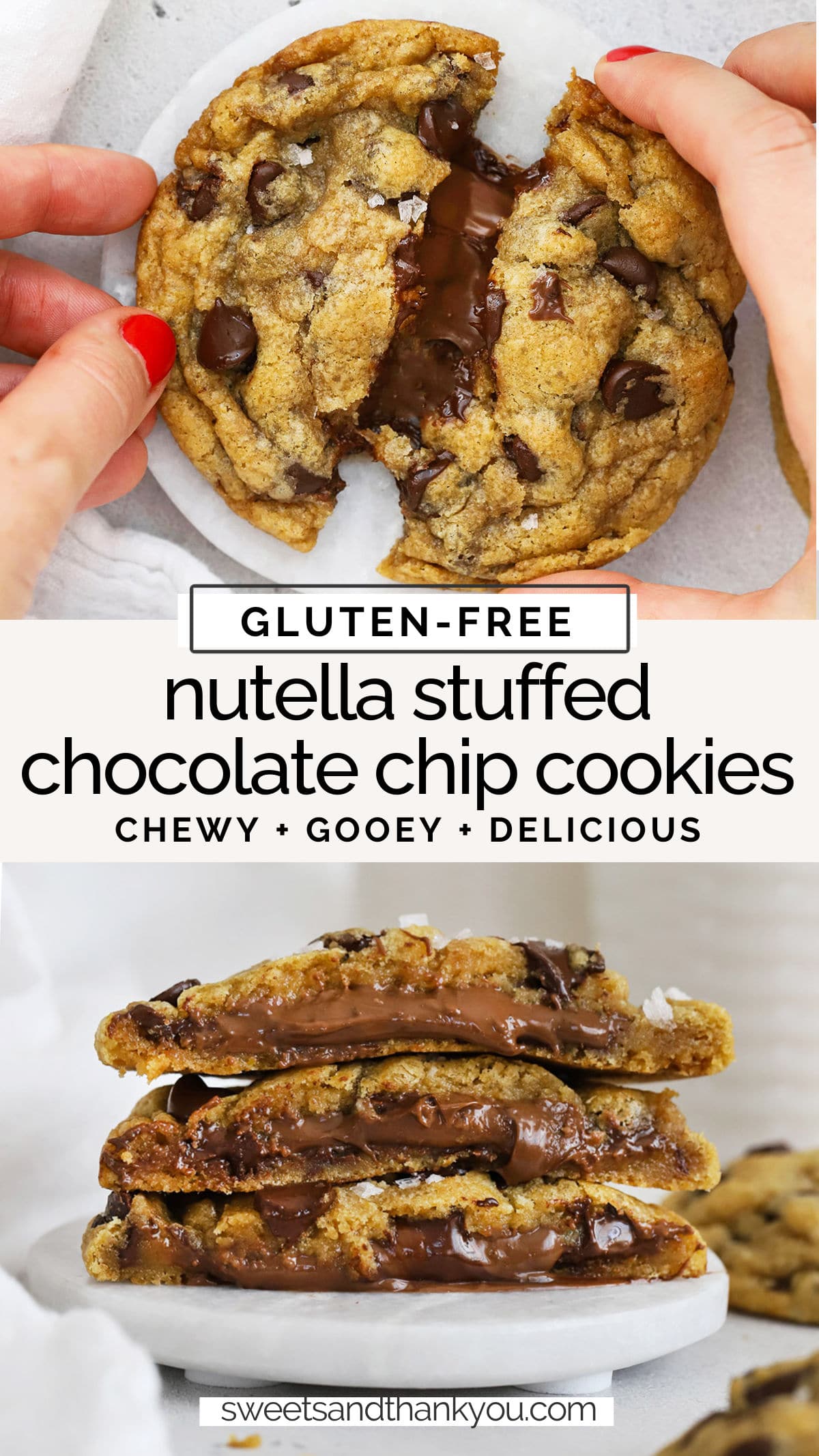 Gluten-Free Nutella-Stuffed Chocolate Chip Cookies. Chewy gluten-free brown butter chocolate chip cookies stuffed with Nutella make for one show-stopping dessert! / gluten-free nutella cookies / nutella-stuffed cookies / gluten-free chocolate chip cookies / gluten-free brown butter chocolate chip cookie recipe / nutella recipes / nutella cookie recipe / gluten-free cookies / gluten-free cookie recipe / gluten-free browned butter chocolate chip cookies / gluten free nutella chocolate chip cookies