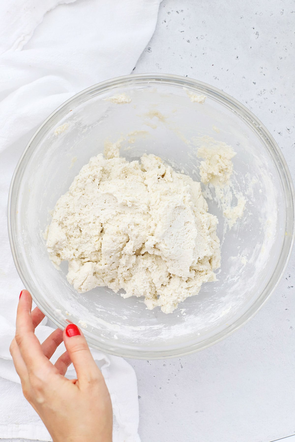 Overhead view of gluten-free biscuit topping dough