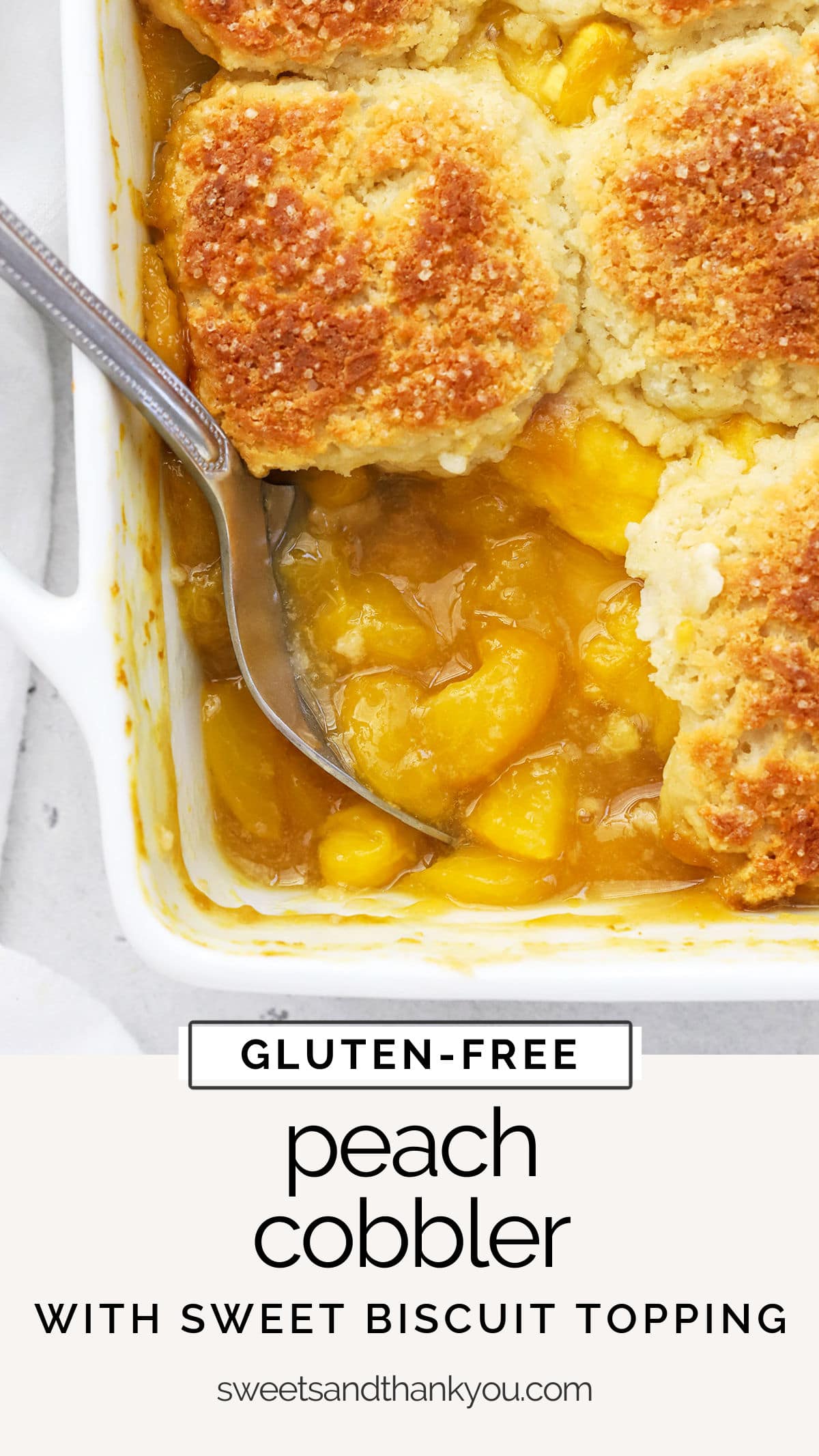 Gluten-Free Peach Cobbler - Gorgeous peach filling with a sweet biscuit cobbler topping. We love this easy gluten-free peach cobbler recipe!  // gluten free peach cobbler with biscuit topping // northern style peach cobbler // gluten-free biscuit peach cobbler // gluten-free peach cobbler filling // gluten-free peach cobbler topping // easy gluten-free peach cobbler // gluten-free peach dessert // gluten-free summer dessert // peach cobbler with ice cream // gluten free summer peach cobbler