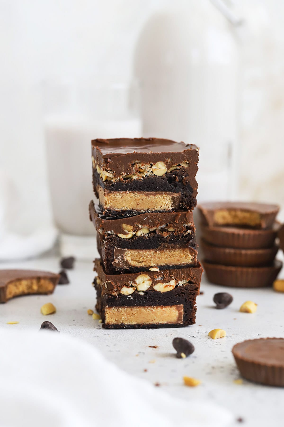 front view of stacked gluten-free peanut butter cup brownies