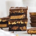front view of stacked gluten-free peanut butter cup brownies