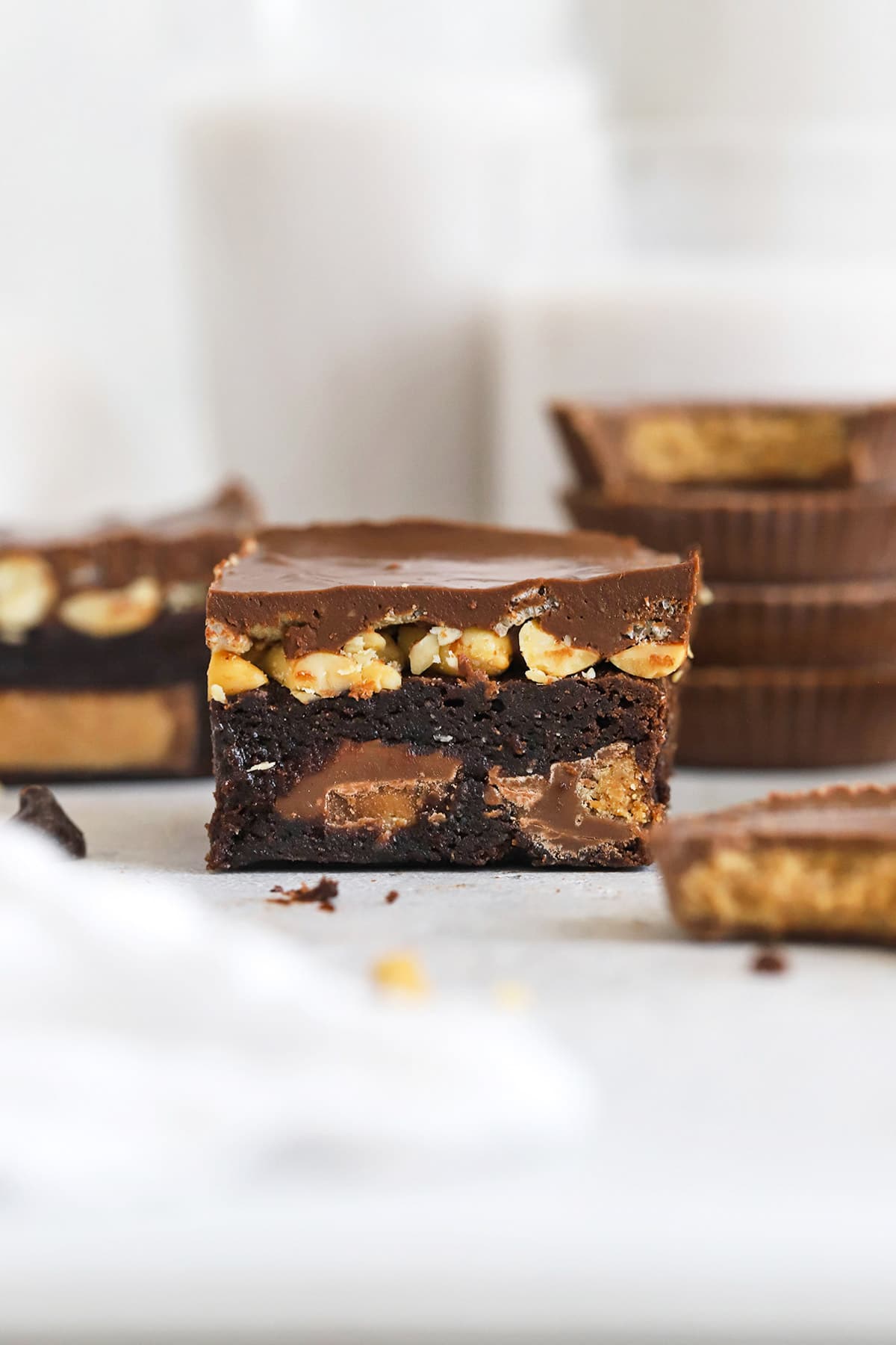 Front view of a gluten-free peanut butter cup brownie