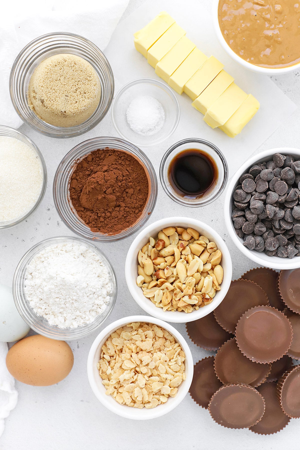 Overhead view of ingredients for peanut butter cup brownies