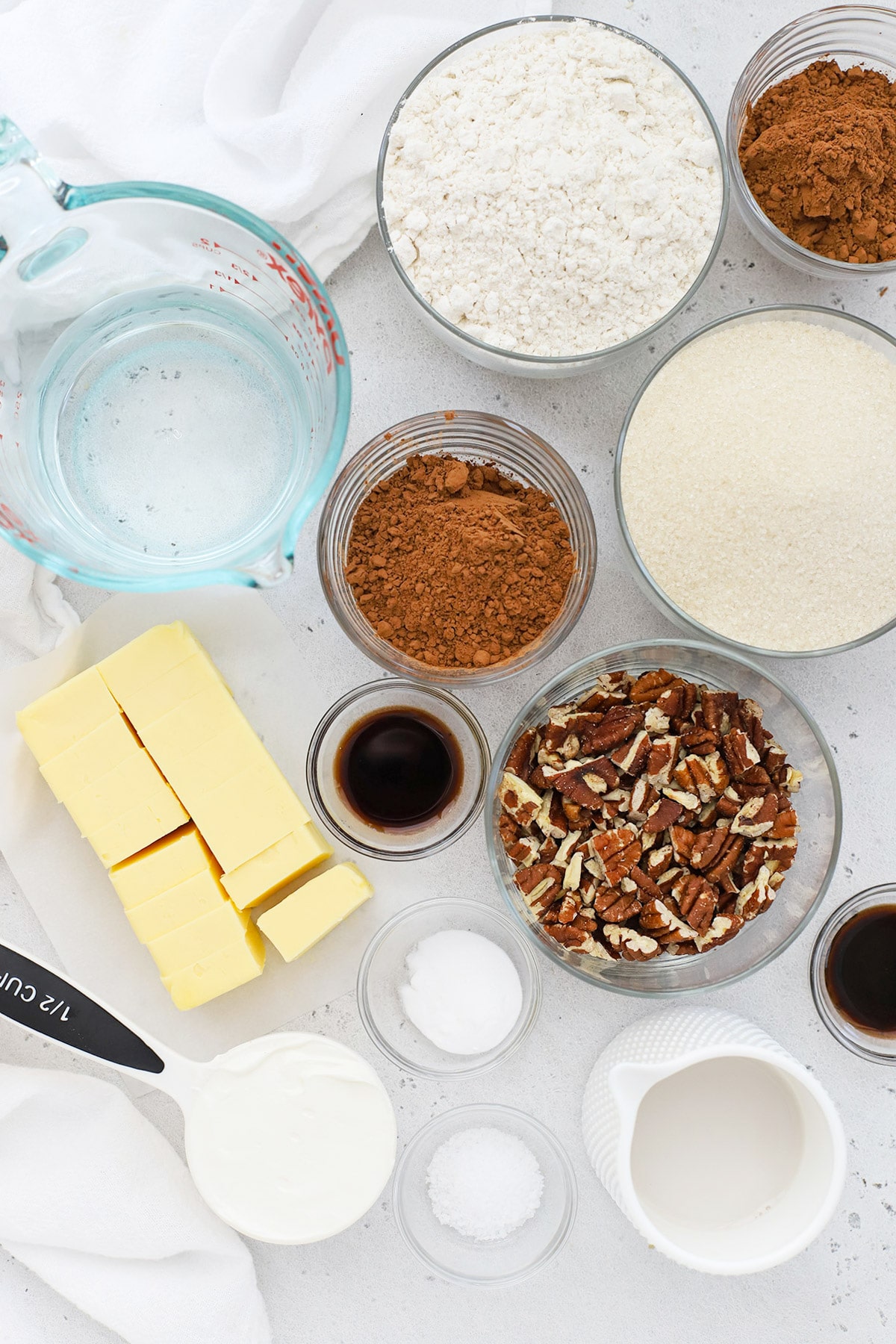 Ingredients for gluten-free texas sheet cake with fudge frosting