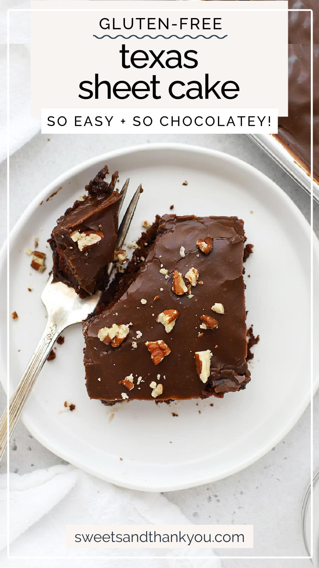 Gluten-Free Texas Sheet Cake - This is the gluten-free Texas chocolate sheet cake recipe you've been waiting for! All the classic chocolate flavor & delicious texture you love--just made gluten-free! // easy gluten free chocolate sheet cake recipe // gluten free chocolate cake recipe // gluten free chocolate cake with chocolate frosting // easy gluten free cake recipe // gluten free texas sheet cake with pecans // gluten free texas sheet cake without pecans
