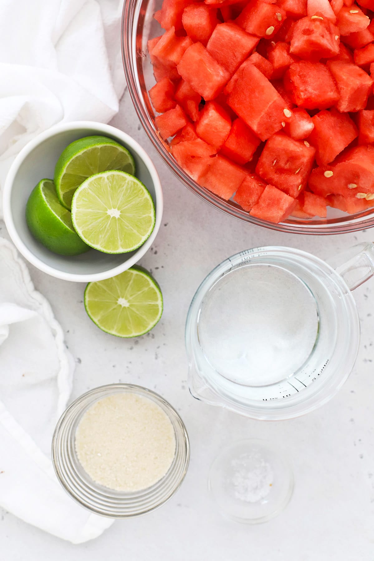 Overhead view of ingredients for watermelon agua fresca (agua de sandia)