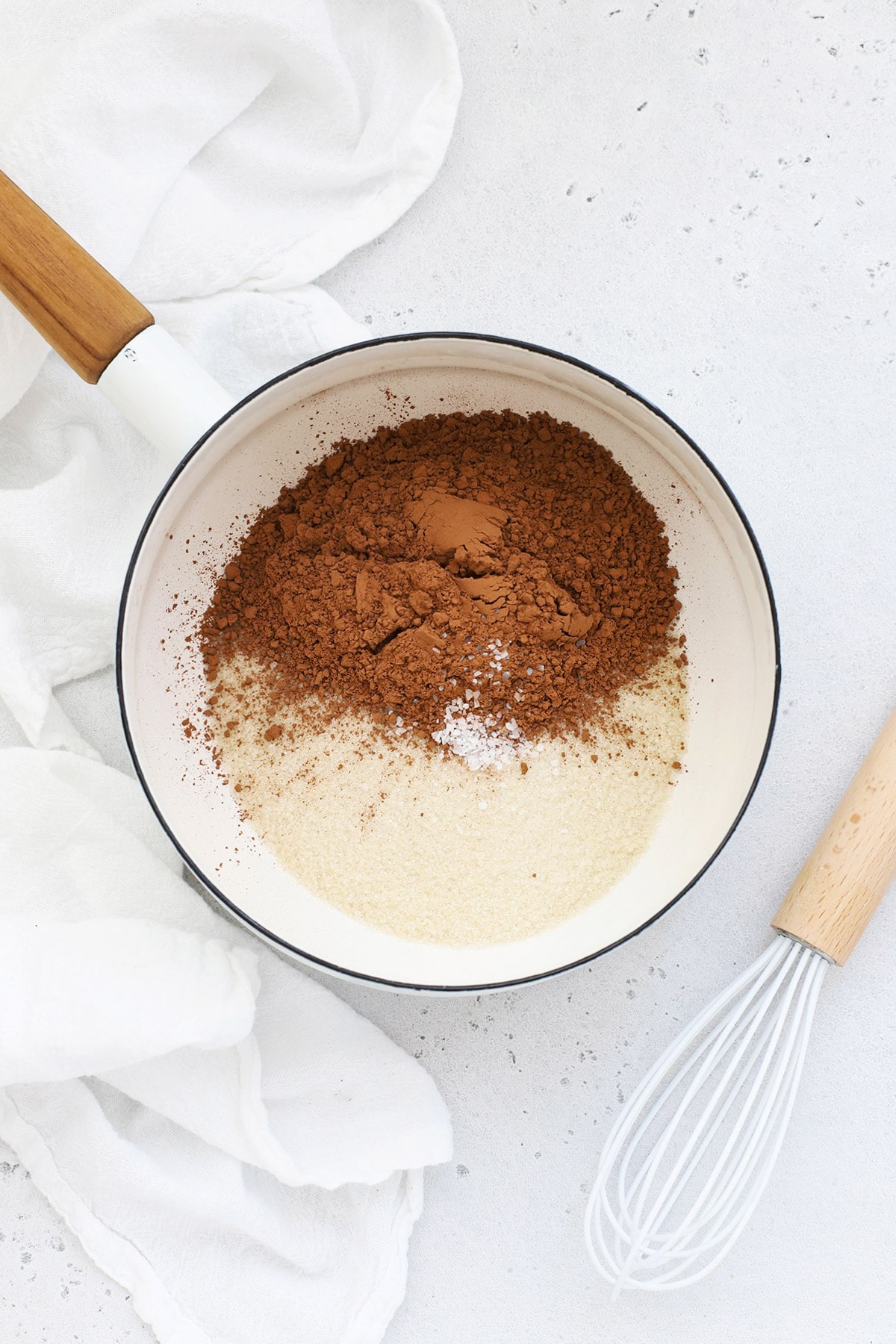 Adding cocoa powder, sugar, and salt to a saucepan to make homemade chocolate syrup