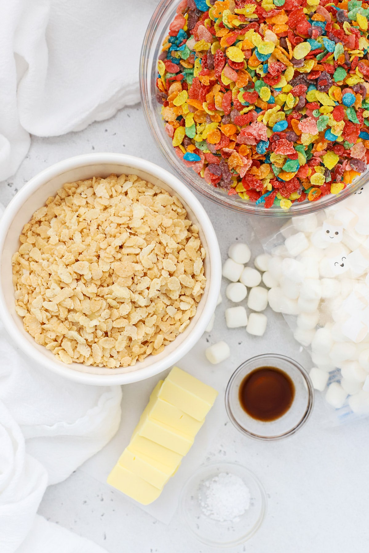 Overhead view of ingredients to make gluten-free fruity pebbles treats