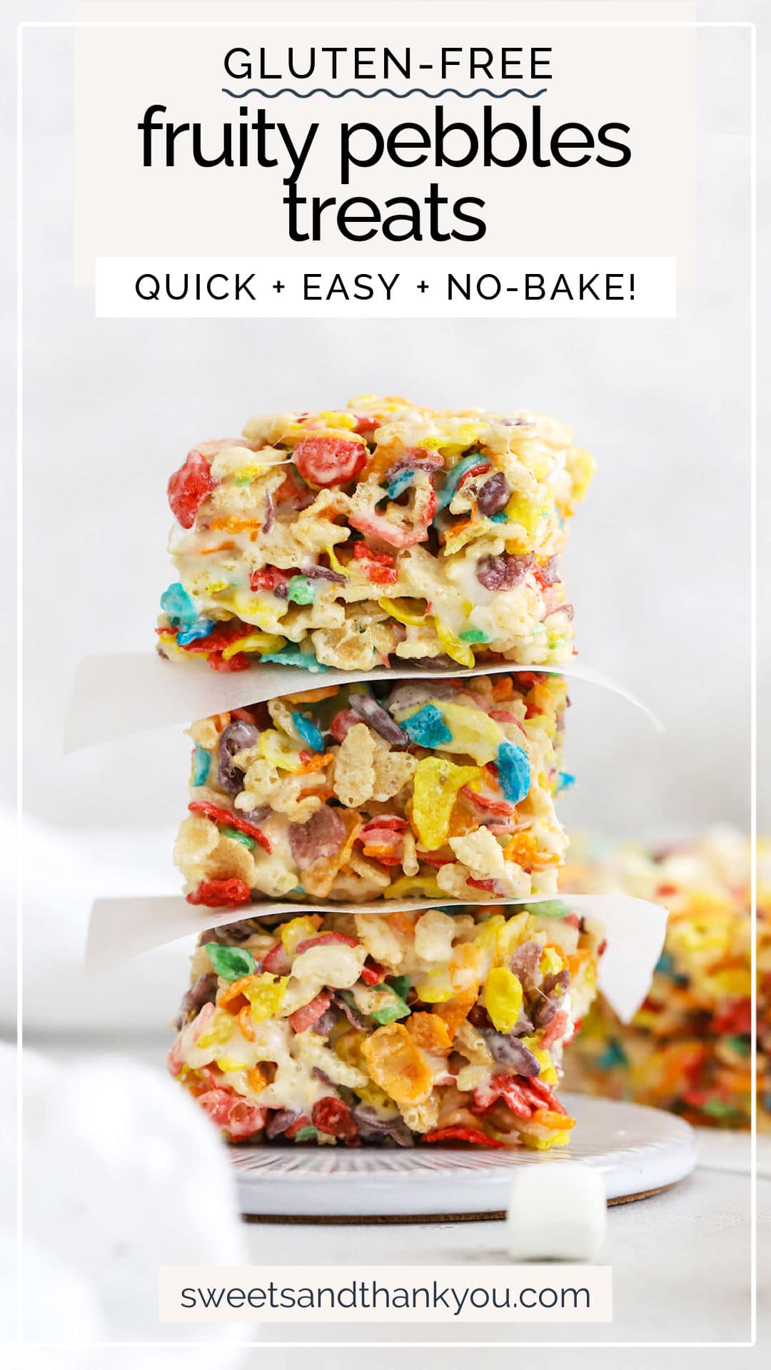Gluten-Free Fruity Pebbles Treats - These easy fruity pebbles crispy treats are a simple no-bake treat you'll love. // gluten-free no bake dessert // gluten-free cereal bars // gluten free fruity pebbles rice krispies treats // gluten-free fruity pebbles rice crispy treats // fruity pebbles crispy treats // gluten-free fruity pebbles cereal treats // gluten-free dessert // kid friendly dessert // rainbow desserts // st. patricks day dessert // colorful dessert recipes //