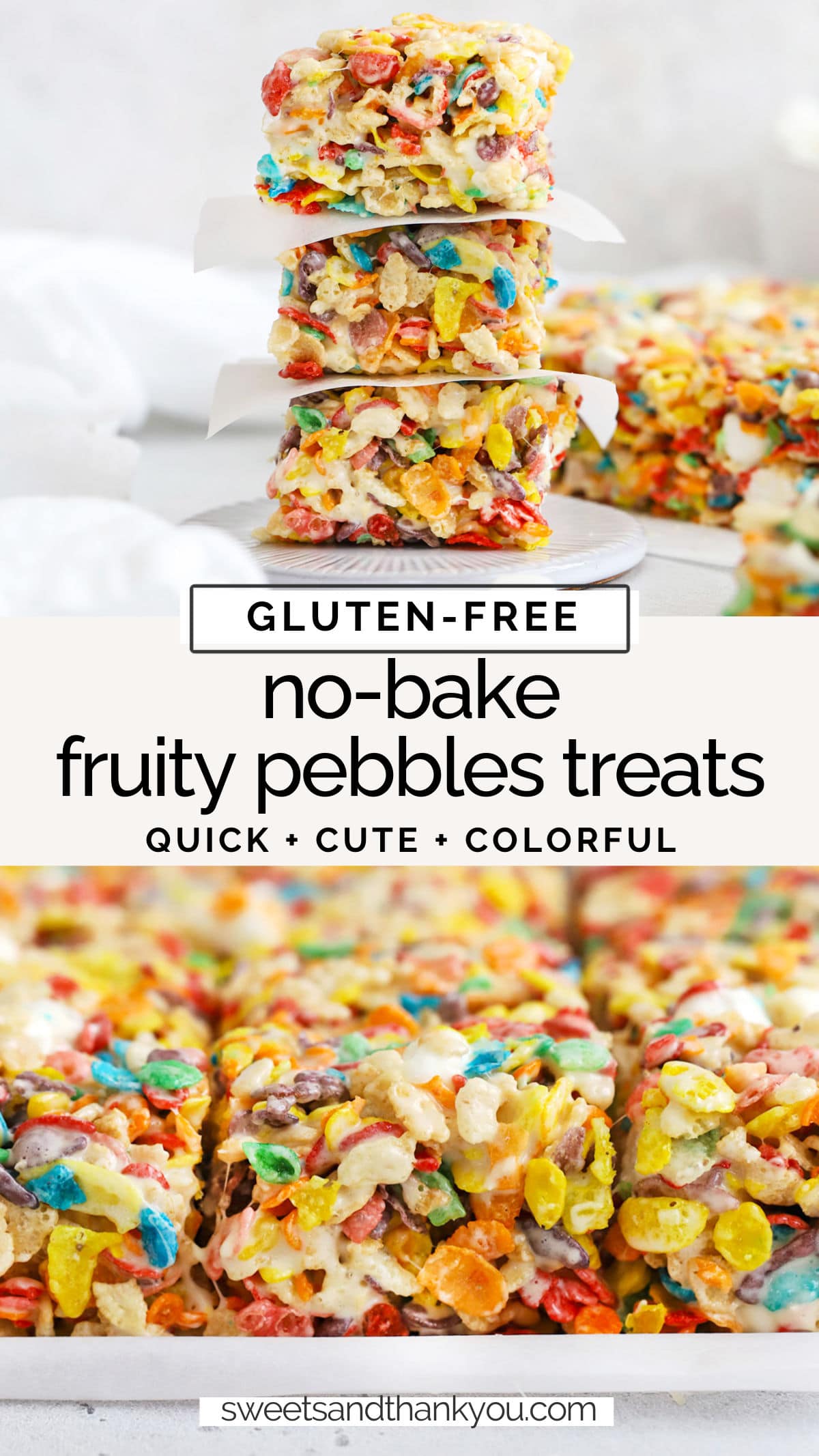 Gluten-Free Fruity Pebbles Treats - These easy fruity pebbles crispy treats are a simple no-bake treat you'll love. // gluten-free no bake dessert // gluten-free cereal bars // gluten free fruity pebbles rice krispies treats // gluten-free fruity pebbles rice crispy treats // fruity pebbles crispy treats // gluten-free fruity pebbles cereal treats // gluten-free dessert // kid friendly dessert // rainbow desserts // st. patricks day dessert // colorful dessert recipes //