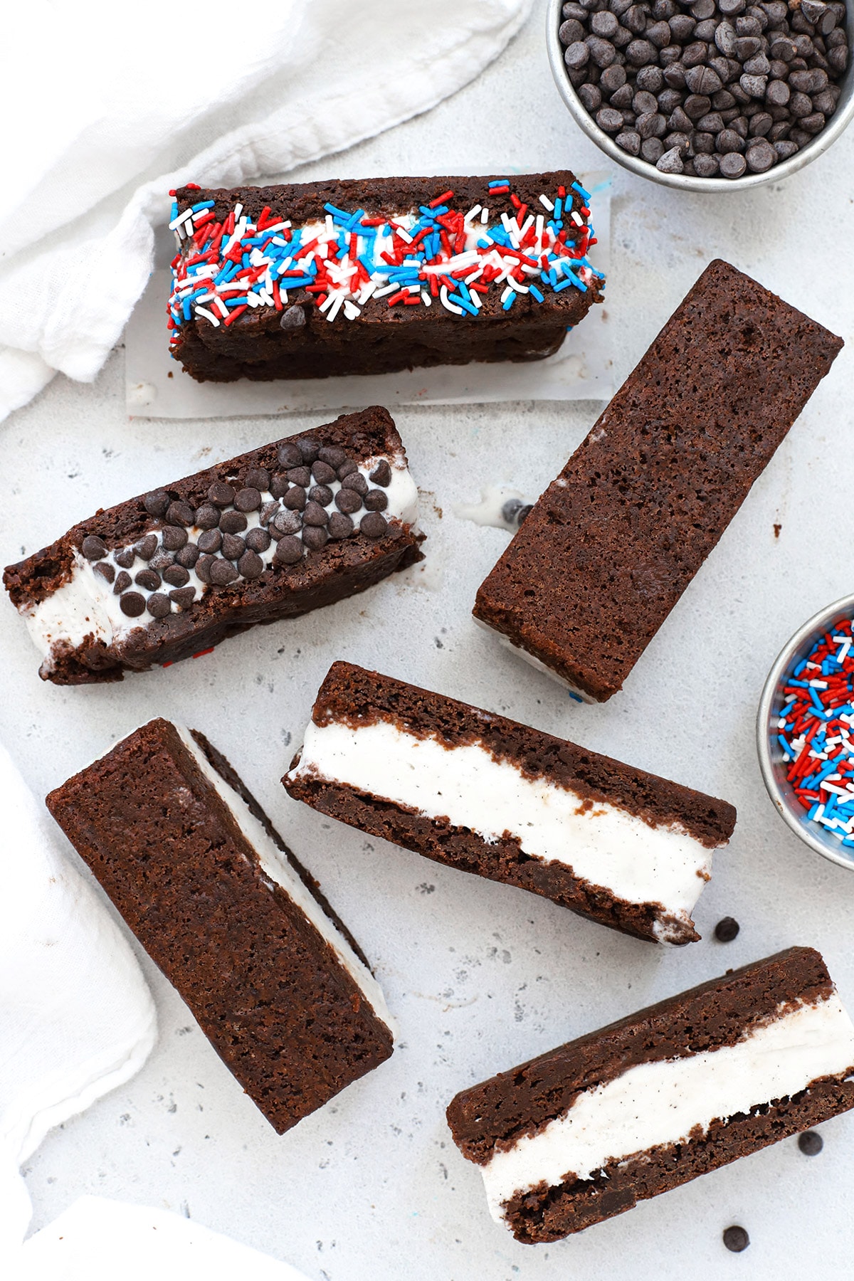 Overhead view of gluten-free brownie ice cream sandwiches cut into bars