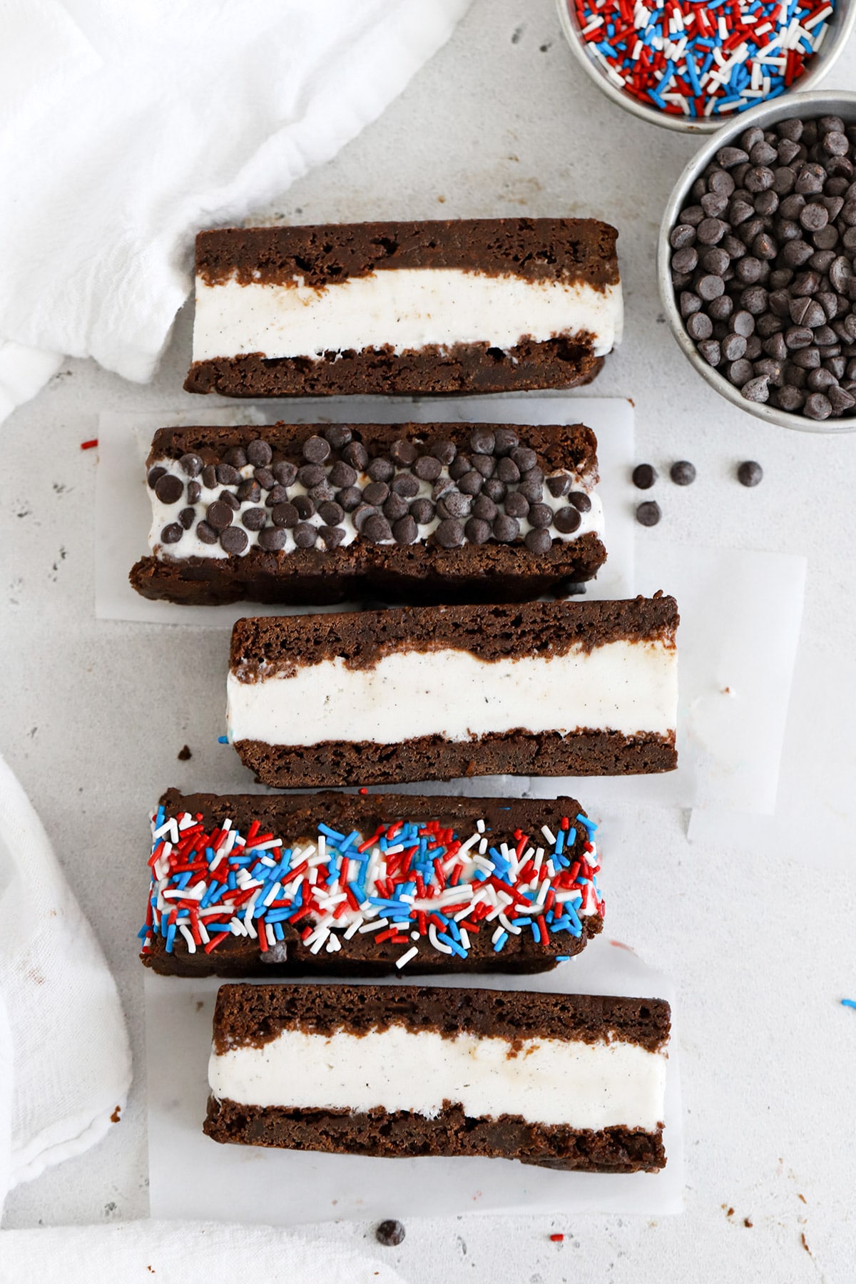 Overhead view of gluten-free brownie ice cream sandwiches cut into bars