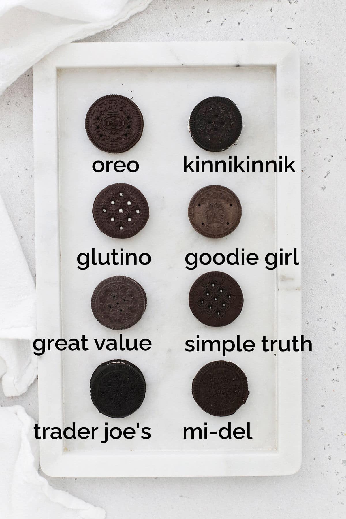 Overhead view of 8 kinds of gluten-free chocolate sandwich cookies, with labels of each brand under the cookie