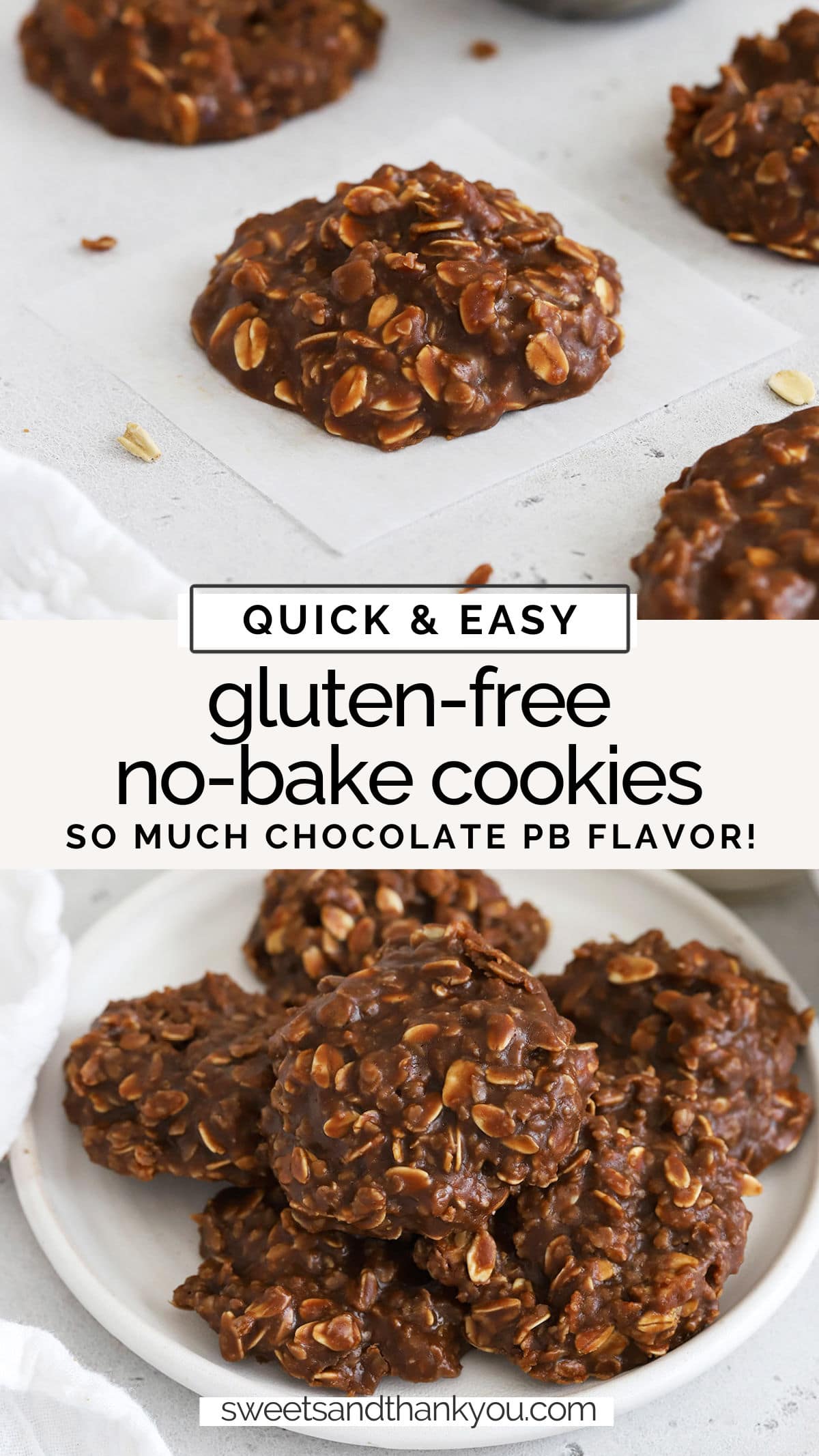 Gluten-Free No-Bake Cookies - These gluten-free chocolate peanut butter no-bake cookies have all the flavor you love, simply made gluten-free! // Gluten Free No Bakes // Gluten Free No bake Cookie recipe // gluten free no bake dessert // easy gluten-free desserts // easy gluten-free cookies // flourless gluten free cookies // gluten free cookies without eggs // gluten free cookie recipes // chocolate peanut butter no bake cookie recipe // gluten-free chocolate peanut butter cookies