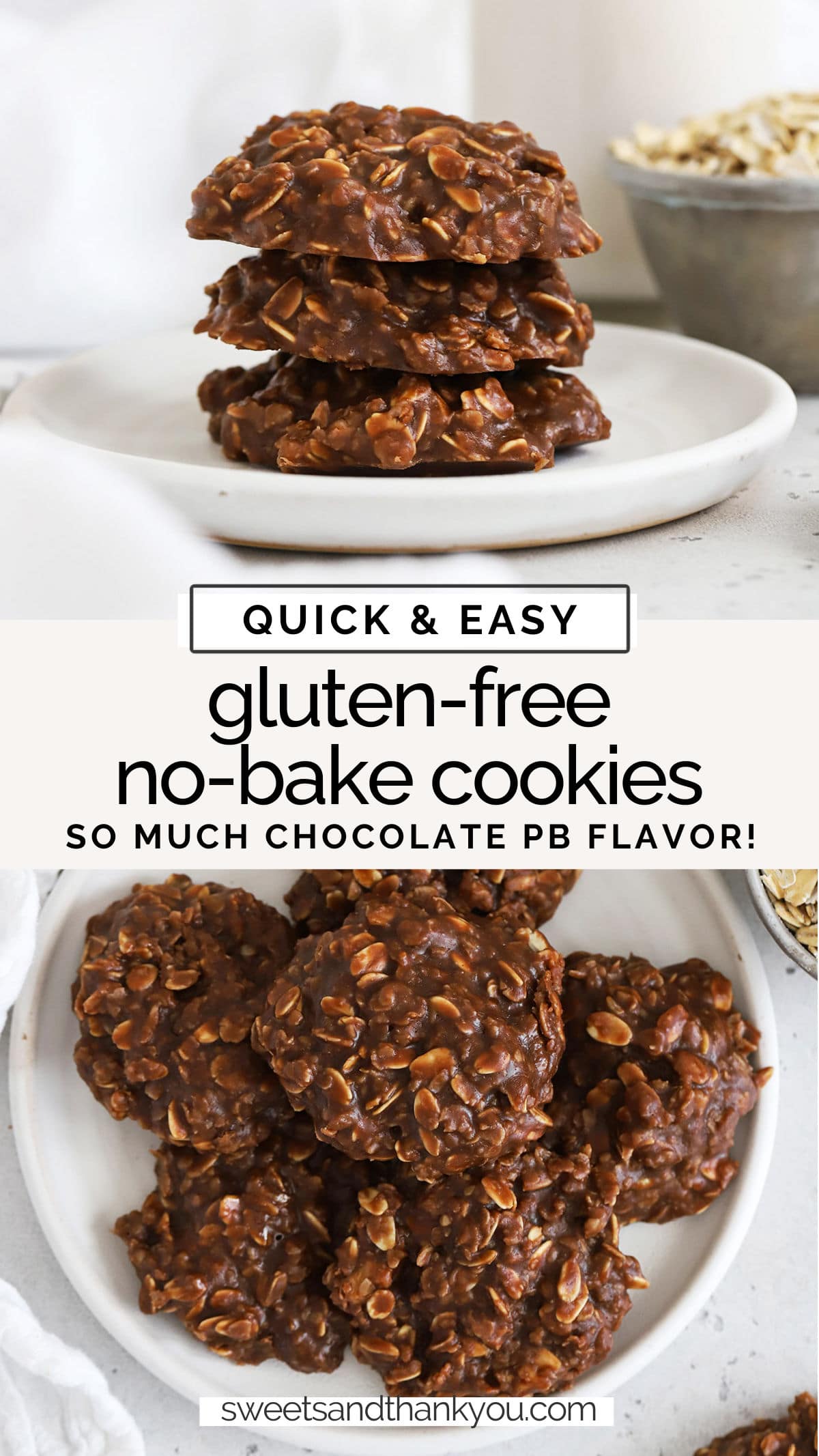 Gluten-Free No-Bake Cookies - These gluten-free chocolate peanut butter no-bake cookies have all the flavor you love, simply made gluten-free! // Gluten Free No Bakes // Gluten Free No bake Cookie recipe // gluten free no bake dessert // easy gluten-free desserts // easy gluten-free cookies // flourless gluten free cookies // gluten free cookies without eggs // gluten free cookie recipes // chocolate peanut butter no bake cookie recipe // gluten-free chocolate peanut butter cookies