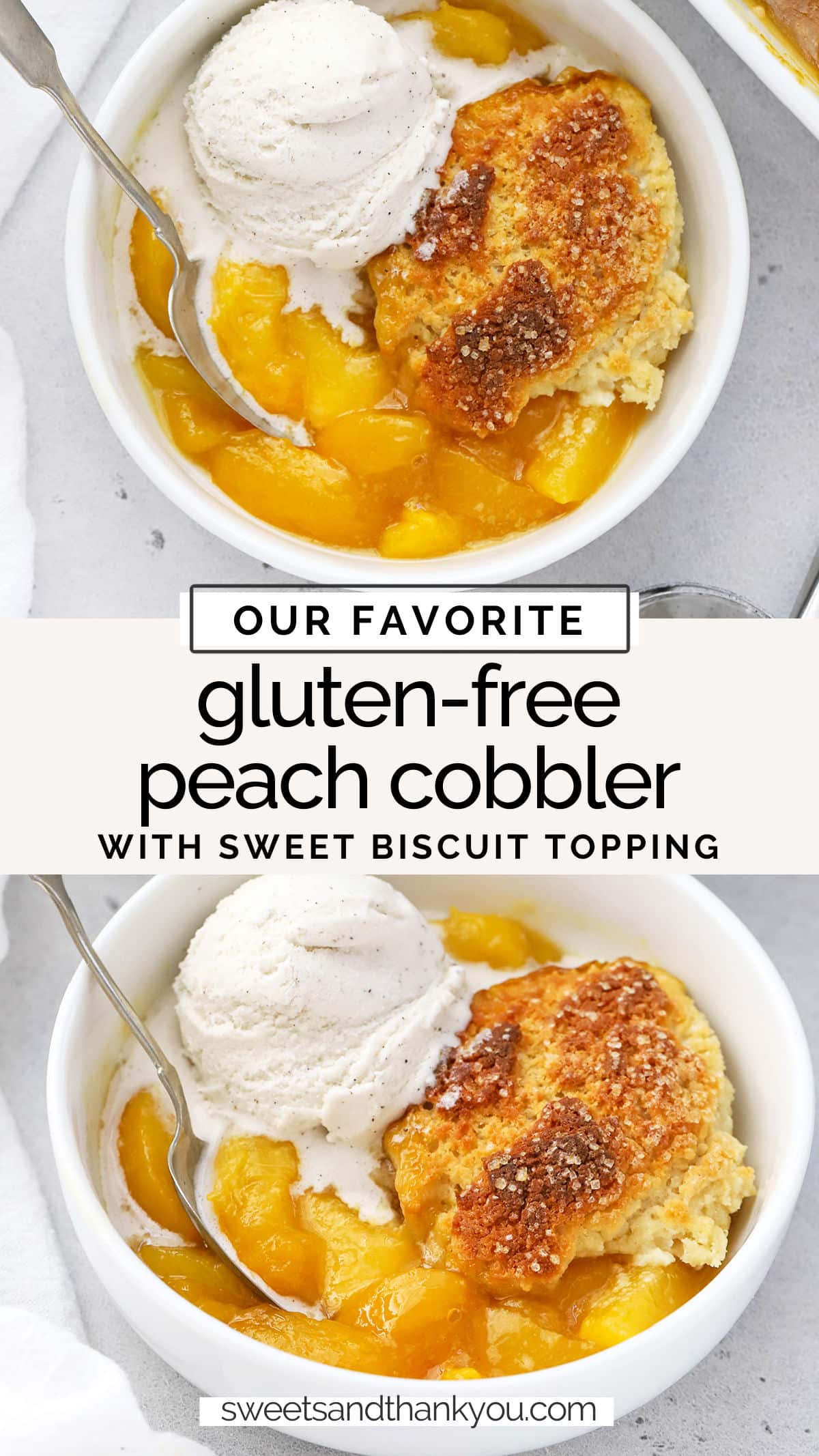 Gluten-Free Peach Cobbler - Gorgeous peach filling with a sweet biscuit cobbler topping. We love this easy gluten-free peach cobbler recipe! // gluten free peach cobbler with biscuit topping // northern style peach cobbler // gluten-free biscuit peach cobbler // gluten-free peach cobbler filling // gluten-free peach cobbler topping // easy gluten-free peach cobbler // gluten-free peach dessert // gluten-free summer dessert // peach cobbler with ice cream // gluten free summer peach cobbler