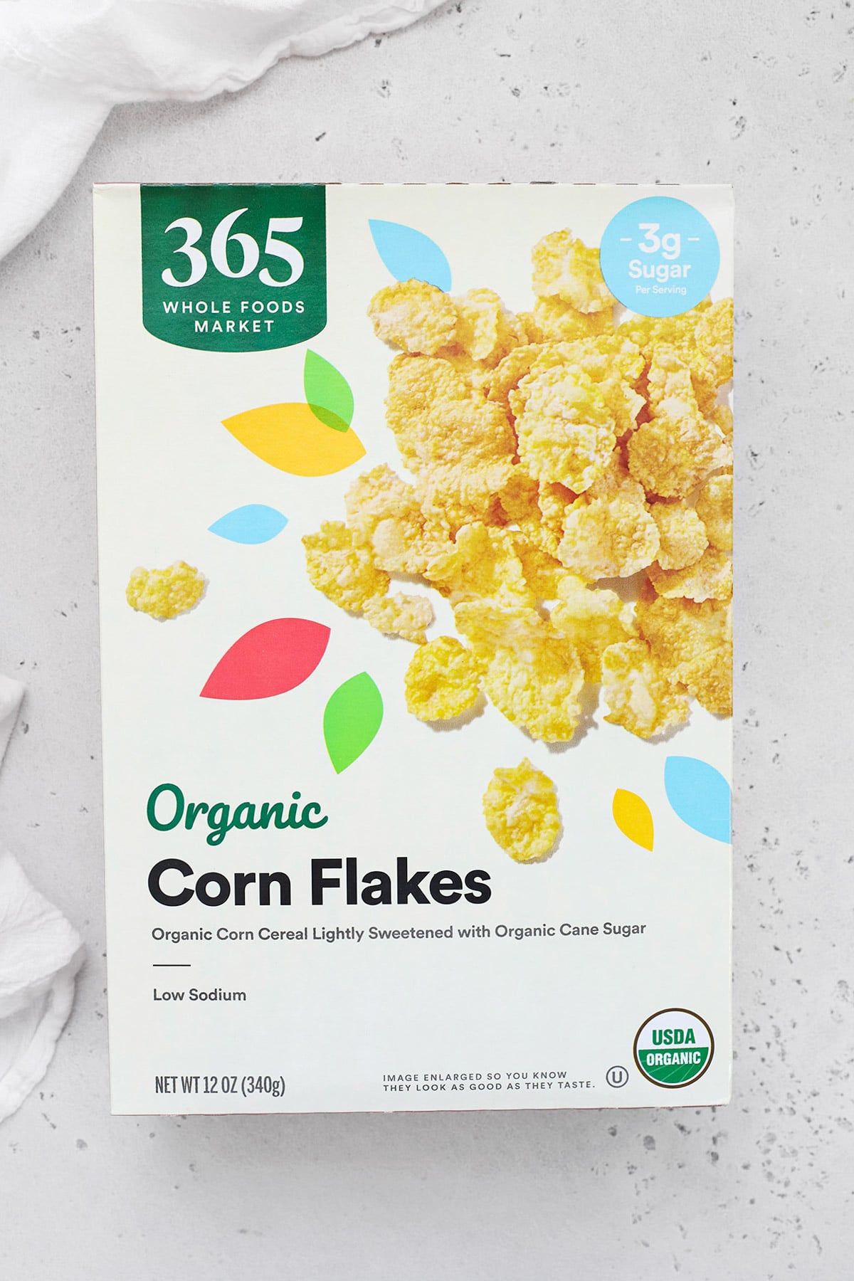 Overhead view of Whole Foods 365 corn flakes