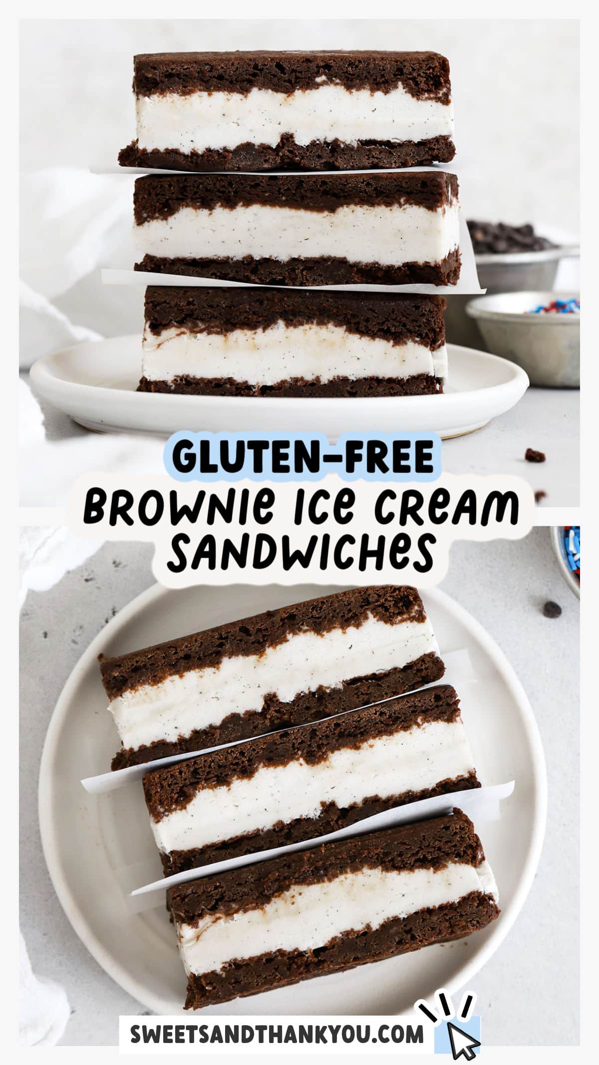 Learn how to make Gluten-Free Brownie Ice Cream Sandwiches! This easy ice cream dessert is the perfect summer treat! These homemade gluten-free ice cream sandwiches start with two thin layers of fudgy brownie paired with creamy vanilla ice cream. They have all the classic flavor you love, simply made gluten-free. Get our gluten-free ice cream sandwich recipe, cute ways to decorate, yummy flavor combinations to try and more at sweetsandthankyou.com