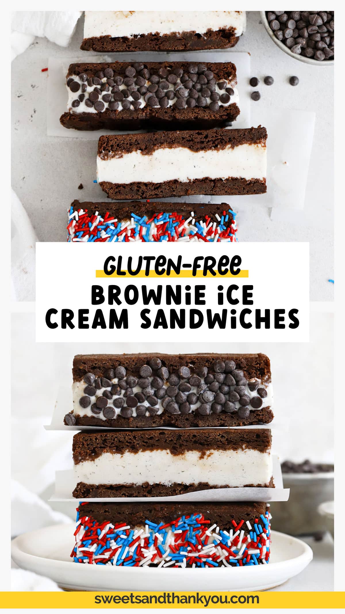 Learn how to make Gluten-Free Brownie Ice Cream Sandwiches! This easy ice cream dessert is the perfect summer treat! These homemade gluten-free ice cream sandwiches start with two thin layers of fudgy brownie paired with creamy vanilla ice cream. They have all the classic flavor you love, simply made gluten-free. Get our gluten-free ice cream sandwich recipe, cute ways to decorate, yummy flavor combinations to try and more at sweetsandthankyou.com