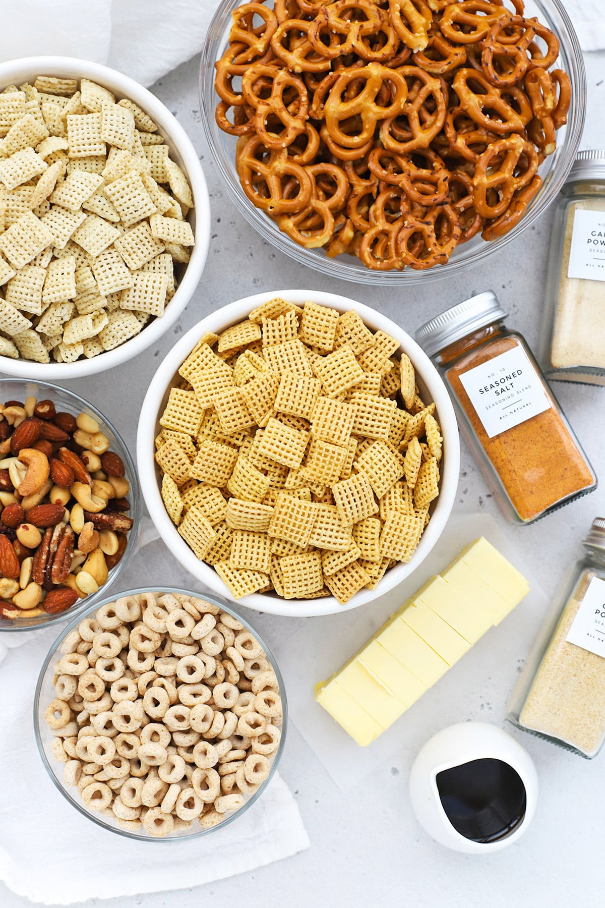 overhead view of ingredients for gluten-free Chex mix