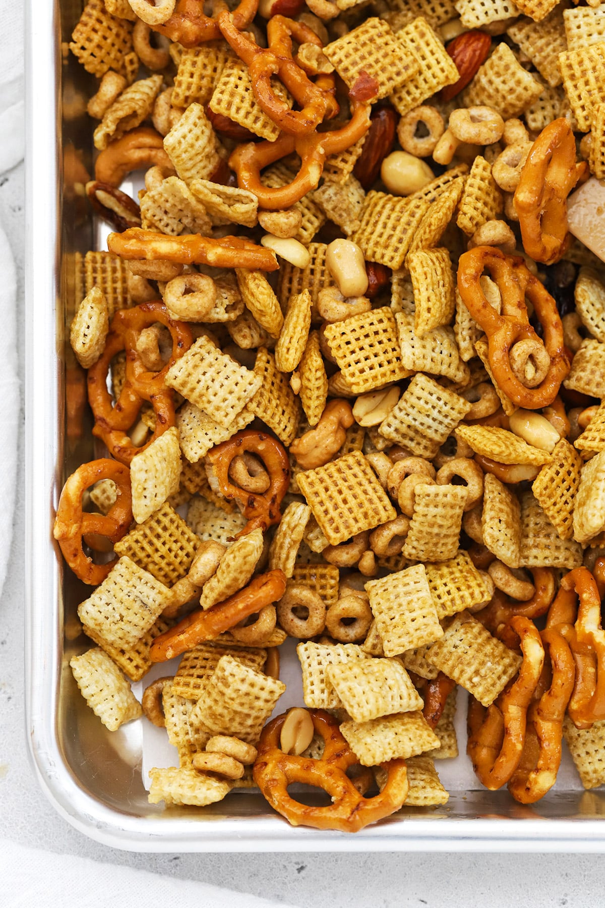 overhead view of gluten-free chex party mix about to go into the oven