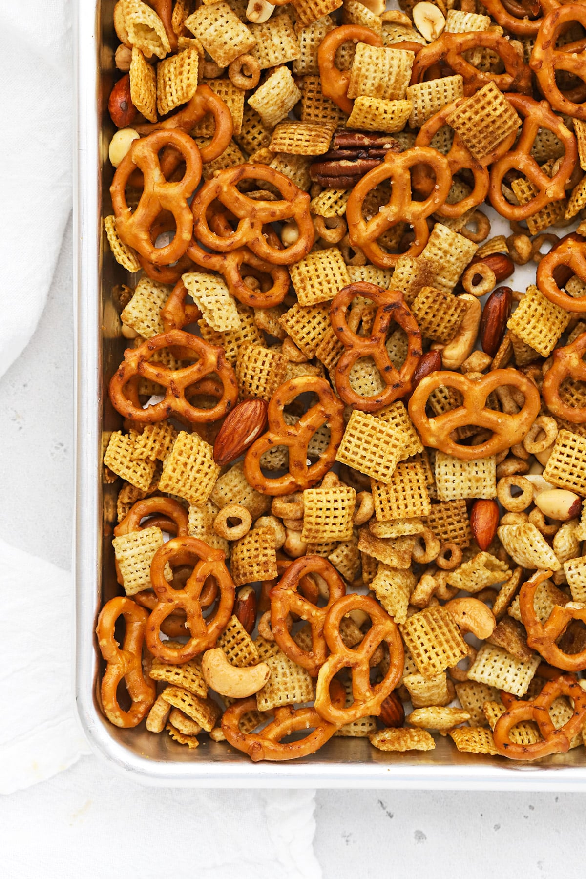overhead view of a pan of gluten-free chex mix