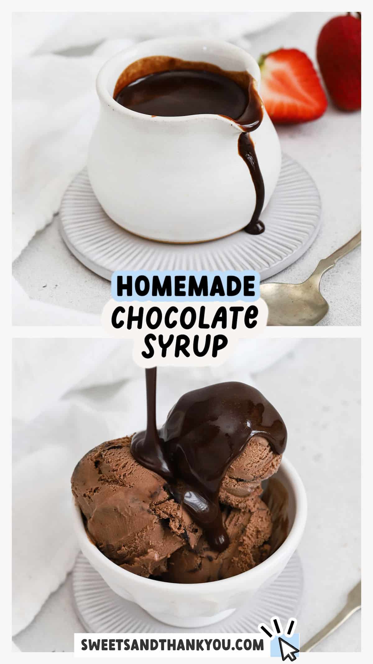 Learn how to make Homemade Chocolate Syrup! This easy chocolate sauce recipe is perfect for ice cream, chocolate milk, and so much more. It's like homemade Hershey's syrup! Get the recipe + TONS of delicious ways to use it at sweetsandthankyou.com