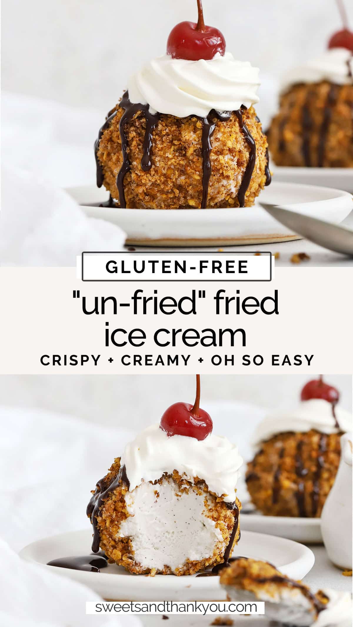 Gluten-Free Fried Ice Cream - Our un-fried gluten-free fried ice cream recipe is so easy and delicious. You'll love the cinnamon-y crunch of the coating with the creamy ice cream! // easy fried ice cream recipe // gluten free ice cream // gluten free summer dessert // tex mex dessert // fried ice cream coating // gluten free unfried ice cream // gluten free fried ice cream no deep frying // gluten free fried ice cream no oil // gluten free dessert // no bake gluten-free dessert