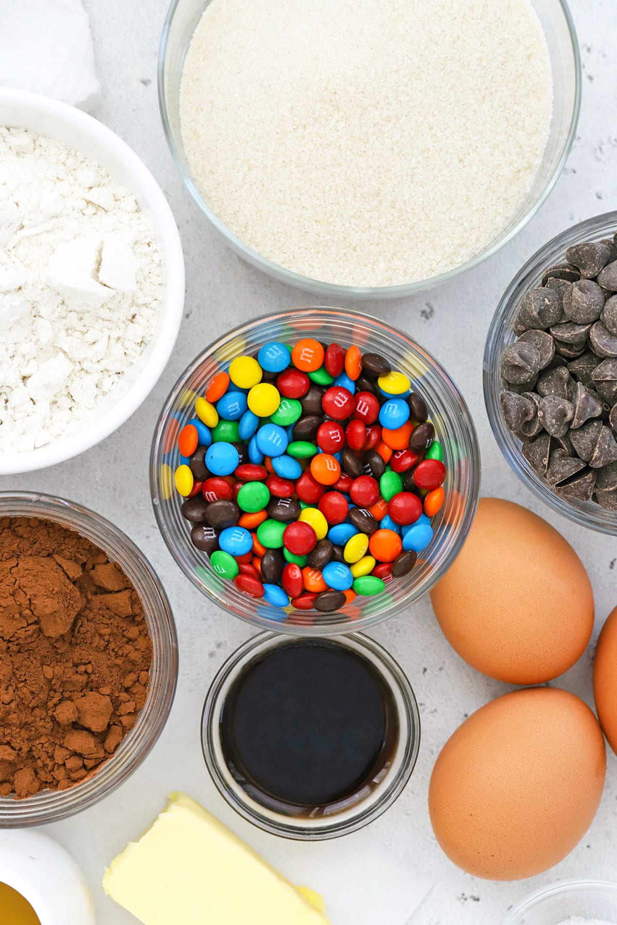 Overhead view of ingredients for gluten-free m&m brownies