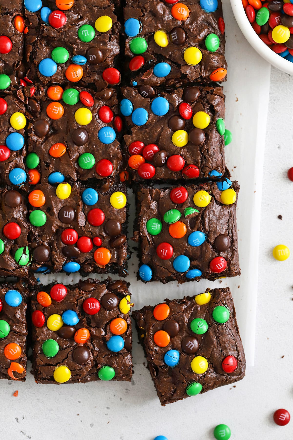Overhead view of easy gluten-free M&M brownies cut into squares