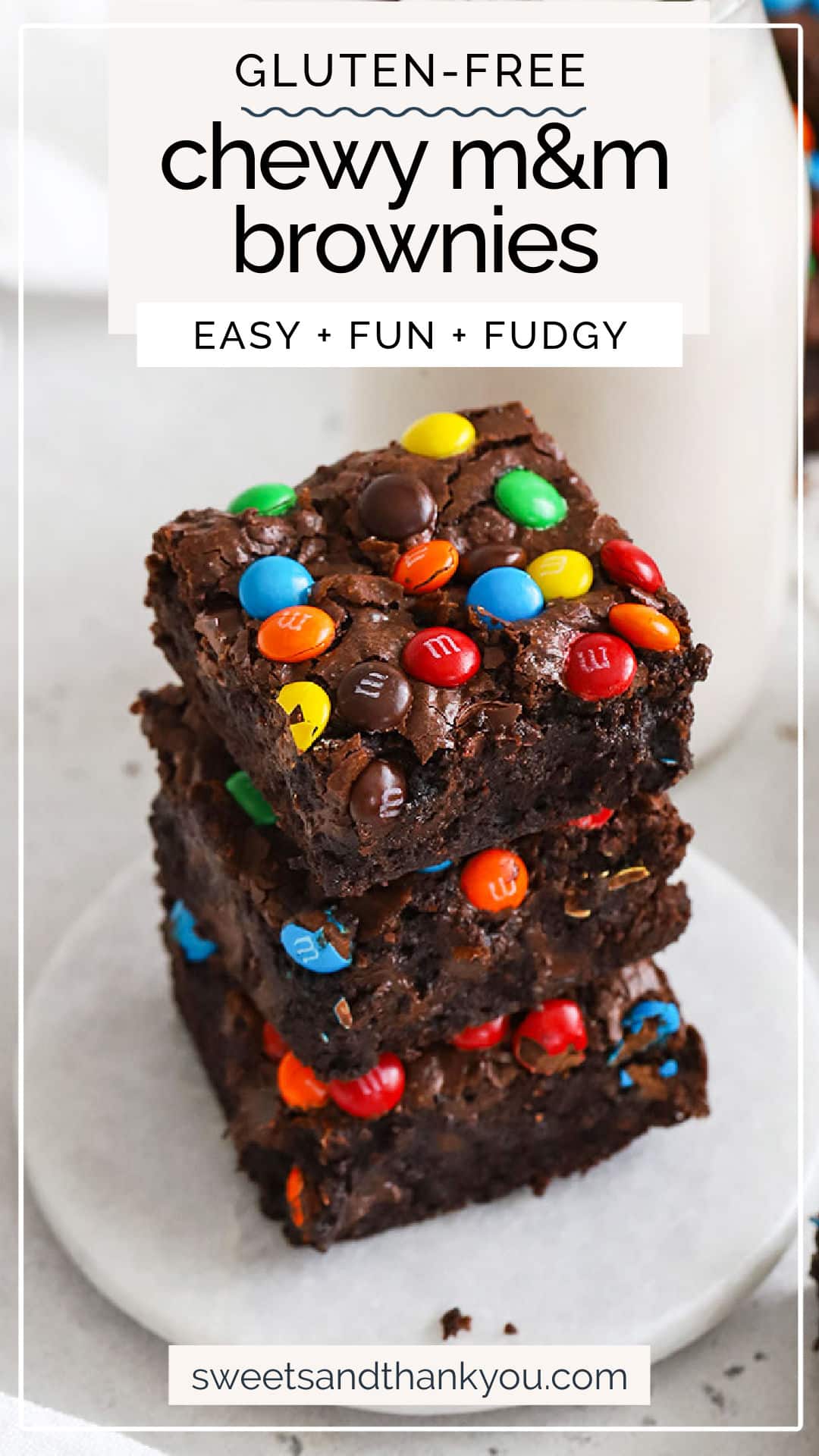 Gluten-Free M&M Brownies - Chewy gluten-free brownies topped with colorful M&Ms! These are such a fun, easy gluten-free dessert! / Gluten-Free mm brownies / gluten-free M&M brownie recipe, easy gluten-free brownies / gluten-free brownies with m&ms / gluten-free m&m desserts / are m&ms gluten-free / 