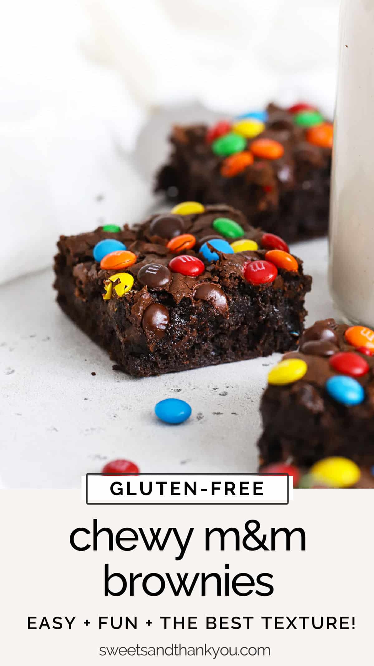 Gluten-Free M&M Brownies - Chewy gluten-free brownies topped with colorful M&Ms! These are such a fun, easy gluten-free dessert! / Gluten-Free mm brownies / gluten-free M&M brownie recipe, easy gluten-free brownies / gluten-free brownies with m&ms / gluten-free m&m desserts / are m&ms gluten-free / 