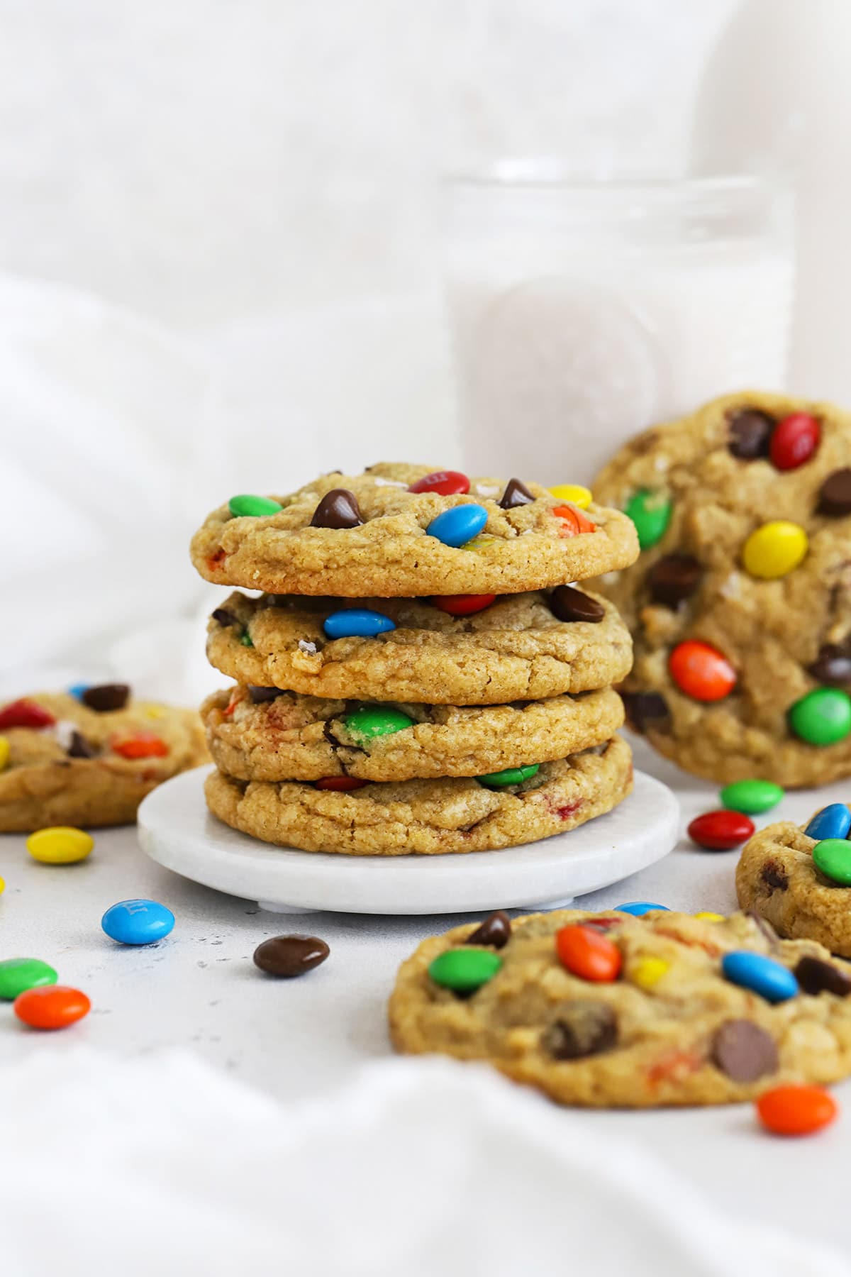 Front view of gluten-free m&m cookies in a stack
