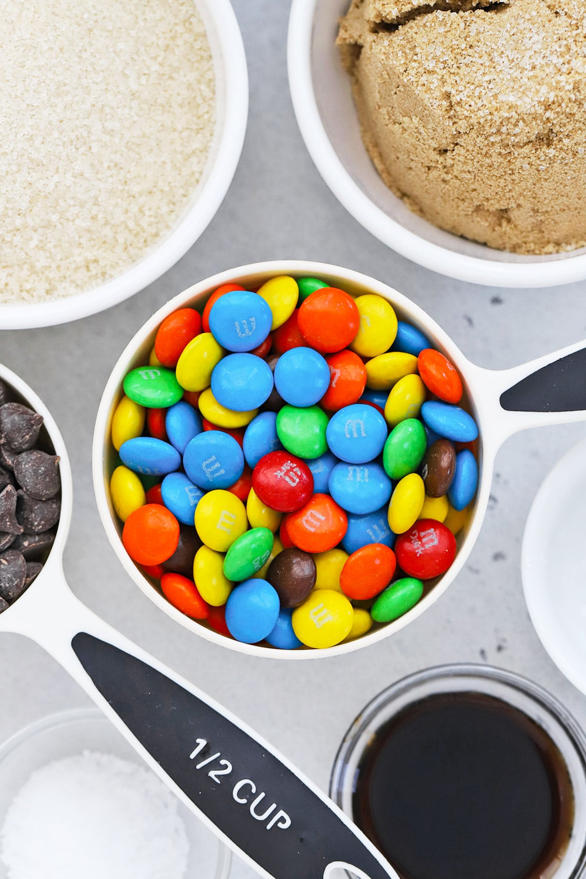 Overhead view of ingredients for gluten-free m&m cookies