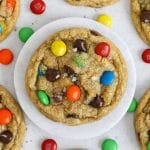 Overhead view of soft, chewy gluten-free m&m cookies