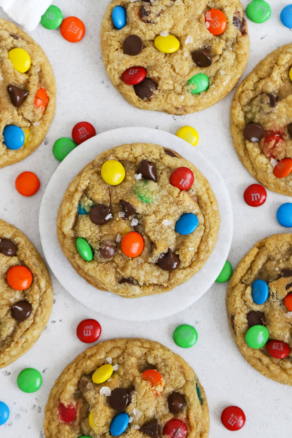 Overhead view of soft, chewy gluten-free m&m cookies