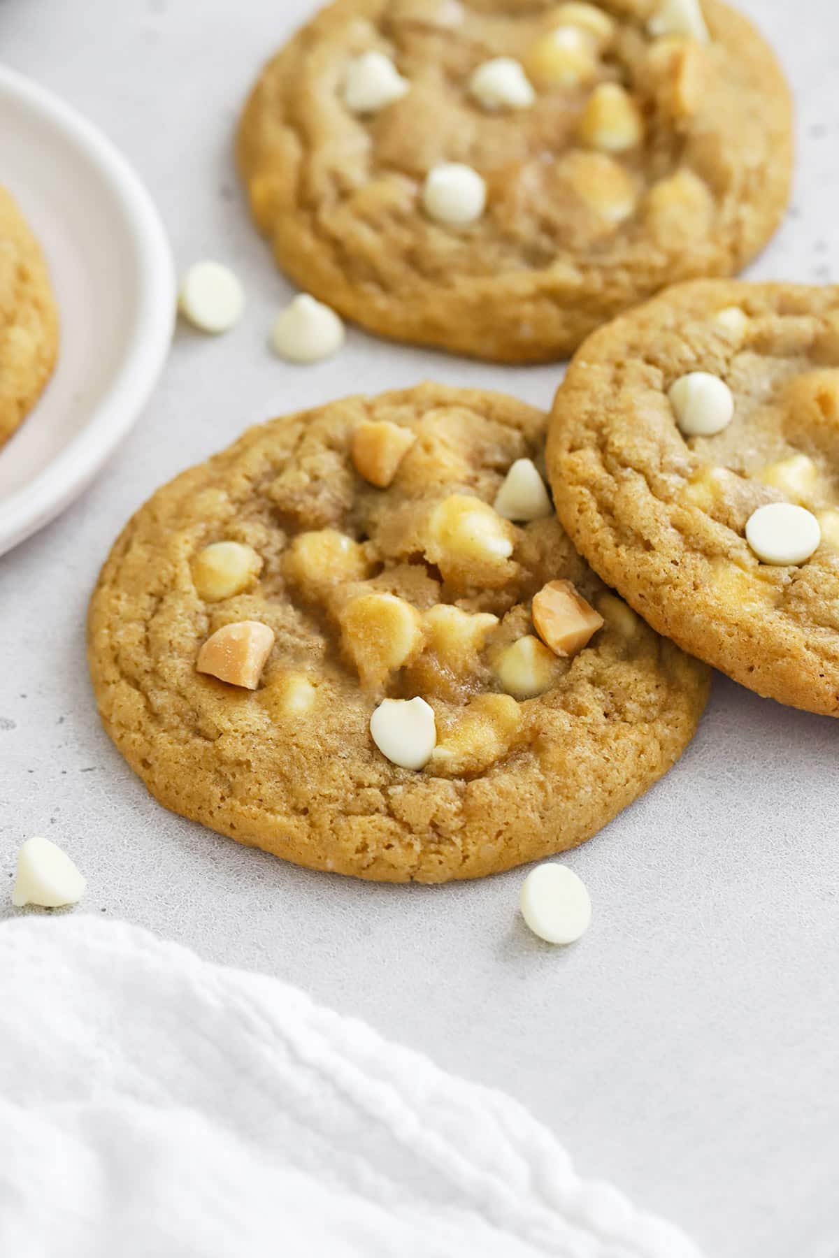 Front view of soft, chewy gluten-free macadamia cookies