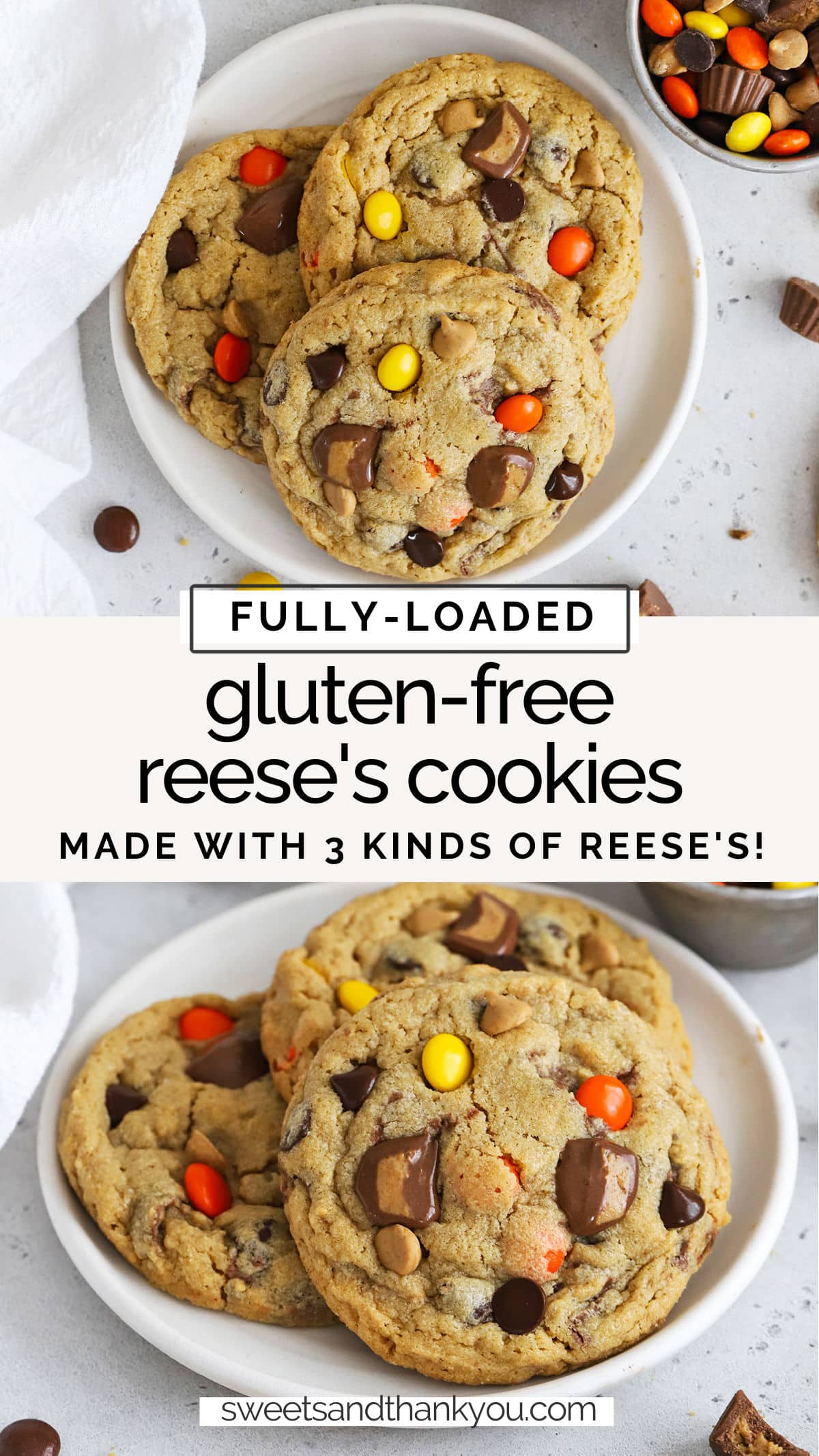Gluten-Free Reese's Cookies -  These gluten-free peanut butter cookies are fully loaded with Reese's cups, Reese's pieces, peanut butter chips AND chocolate chips! The ultimate cookie for peanut butter lovers! / gluten free Reese's peanut butter cookies / gluten-free Reeses peanut butter chocolate chip cookies // gluten-free chocolate peanut butter cookies // gluten-free Reese's pieces cookies /