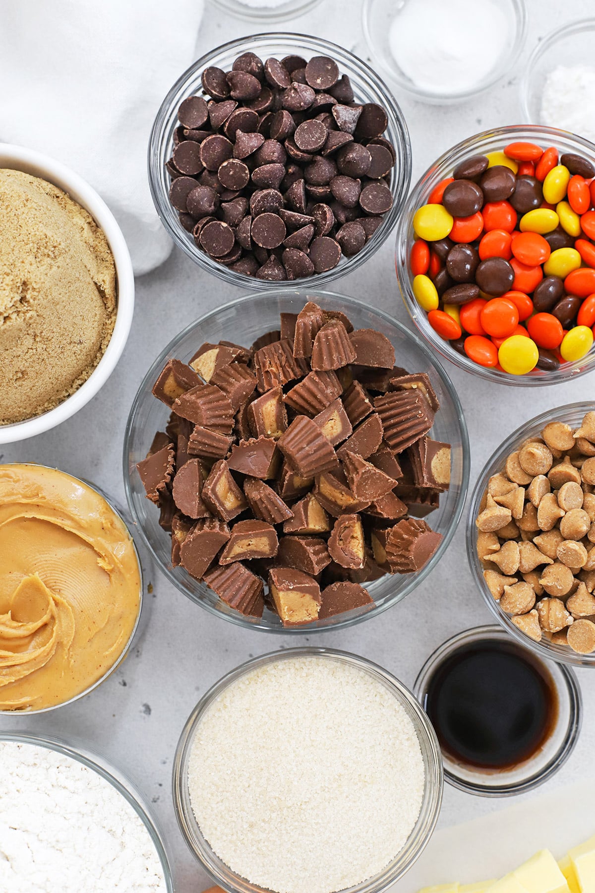 Overhead view of ingredients for gluten-free Reese's cookies