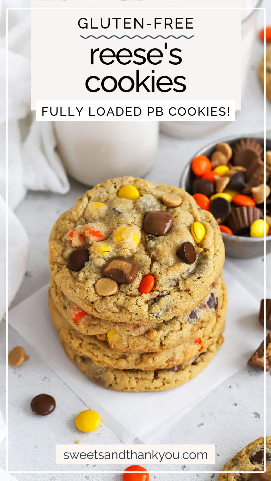 Gluten-Free Reese's Cookies -  These gluten-free peanut butter cookies are fully loaded with Reese's cups, Reese's pieces, peanut butter chips AND chocolate chips! The ultimate cookie for peanut butter lovers! / gluten free Reese's peanut butter cookies / gluten-free Reeses peanut butter chocolate chip cookies // gluten-free chocolate peanut butter cookies // gluten-free Reese's pieces cookies /