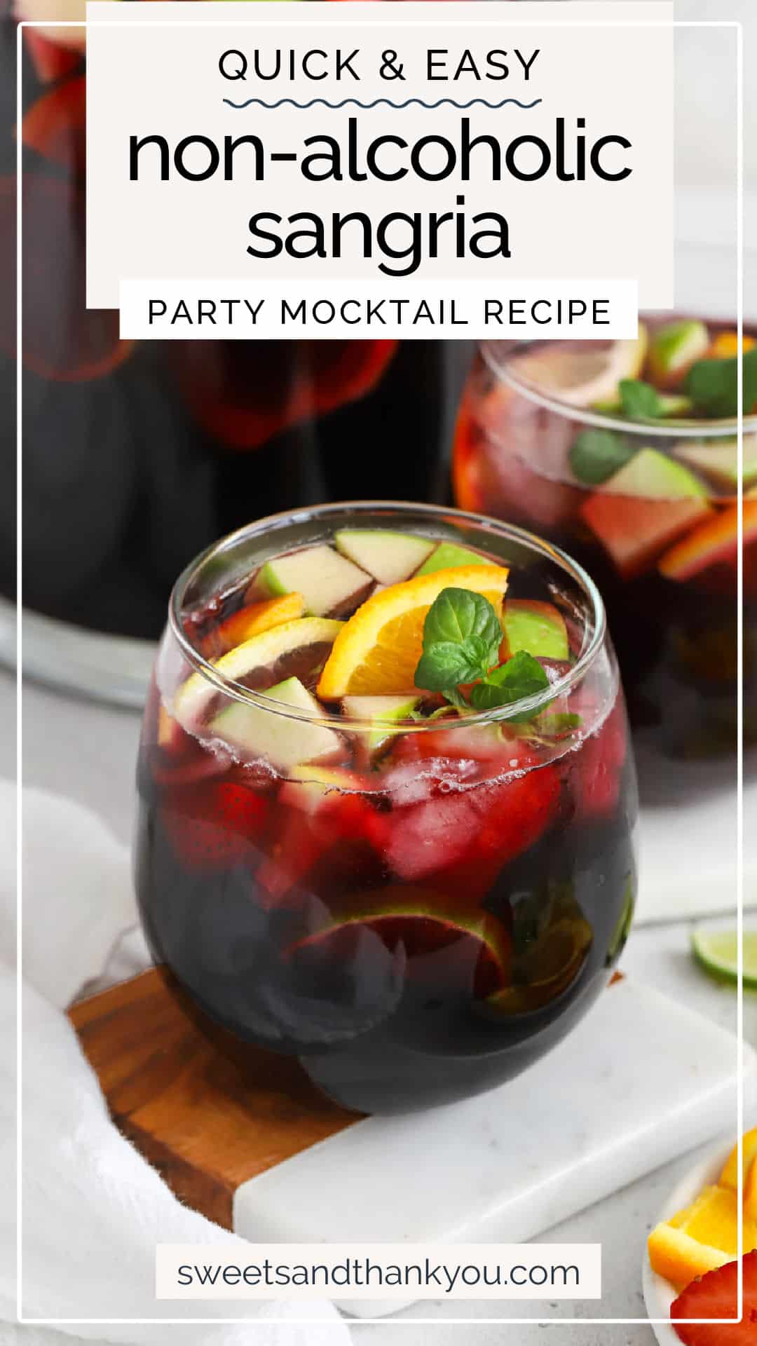 Non-Alcoholic Sangria - This virgin sangria mocktail is the perfect zero-proof drink recipe for your next party. Fresh, fruity, and flavorful--you'll love it! // Sangria mocktail recipe // the best nonalcoholic sangria recipe // virgin sangria recipe // virgin party drinks // sangria pitcher // non-alcoholic party drinks // easy non-alcoholic sangria // how to make non-alcoholic sangria // how to make virgin sangria // what's in virgin sangria //