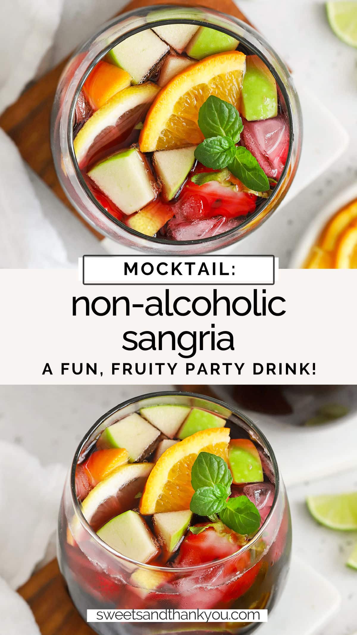 Non-Alcoholic Sangria - This virgin sangria mocktail is the perfect zero-proof drink recipe for your next party. Fresh, fruity, and flavorful--you'll love it! // Sangria mocktail recipe // the best nonalcoholic sangria recipe // virgin sangria recipe // virgin party drinks // sangria pitcher // non-alcoholic party drinks // easy non-alcoholic sangria // how to make non-alcoholic sangria // how to make virgin sangria // what's in virgin sangria //