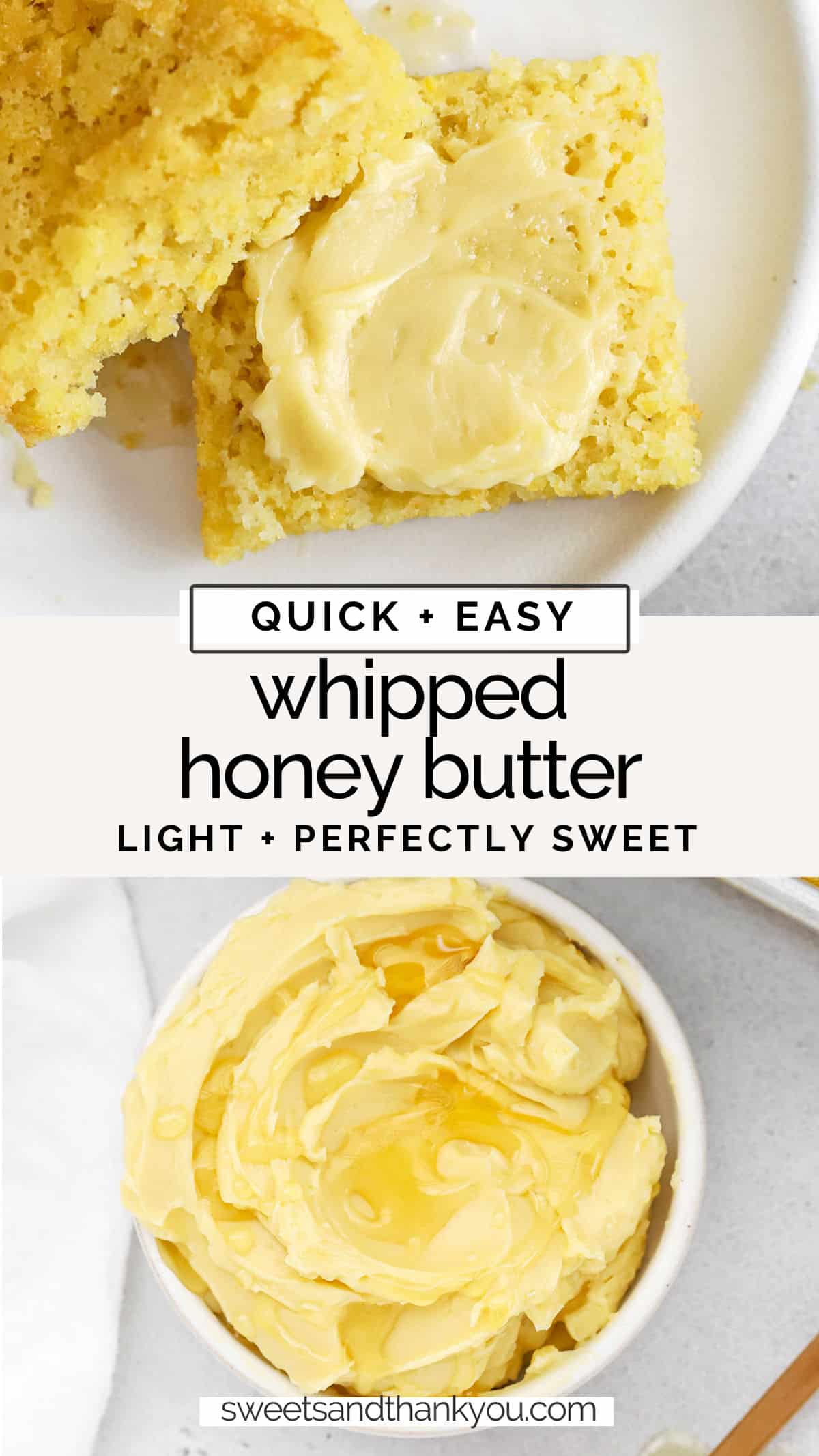 Easy Whipped Honey Butter - How to make the BEST whipped honey butter of your life. Restaurant quality, made in minutes & good on EVERYTHING! // homemade whipped honey butter // homemade honey butter recipe // easy honey butter // restaurant honey butter // honey butter for cornbread // honey butter recipe // honey butter for rolls // thanksgiving honey butter