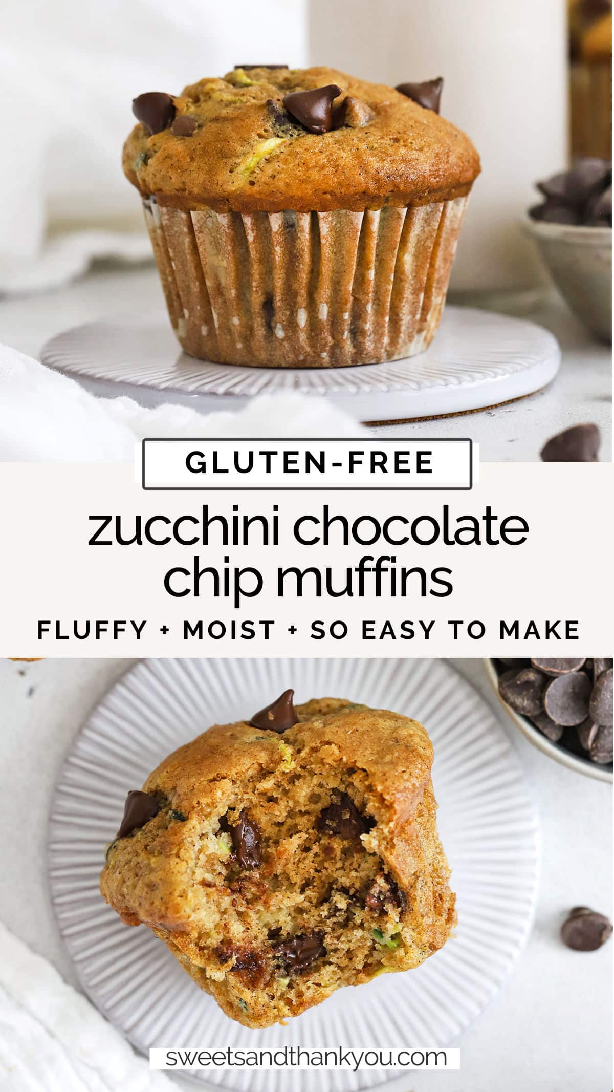 Gluten-Free Zucchini Chocolate Chip Muffins - These fluffy gluten-free zucchini muffins are loaded with chocolate chips & warm spices. The perfect way to use up that zucchini! // gluten-free zucchini muffin recipe // gluten-free zucchini bread muffins // gluten-free chocolate chip zucchini muffins recipe // brown butter zucchini muffins // moist gluten-free zucchini muffins // easy gluten-free zucchini muffins // fluffy gluten-free zucchini muffins // chocolate chip zucchini muffin